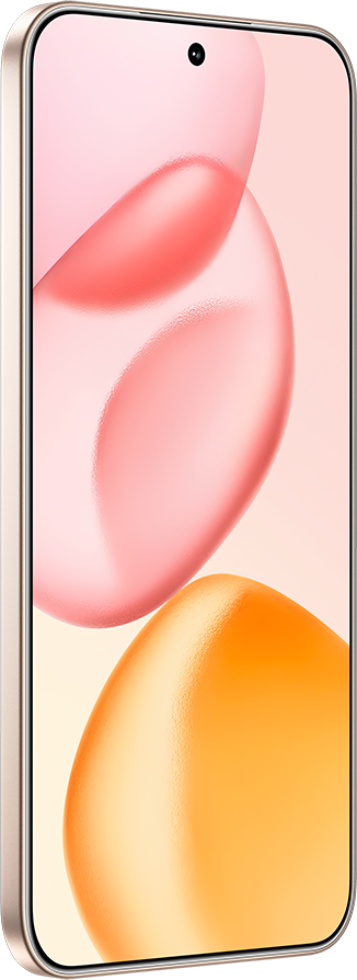 Az okostelefon rózsaszín és narancssárga háttérrel jelenik meg. A telefon arany színű.