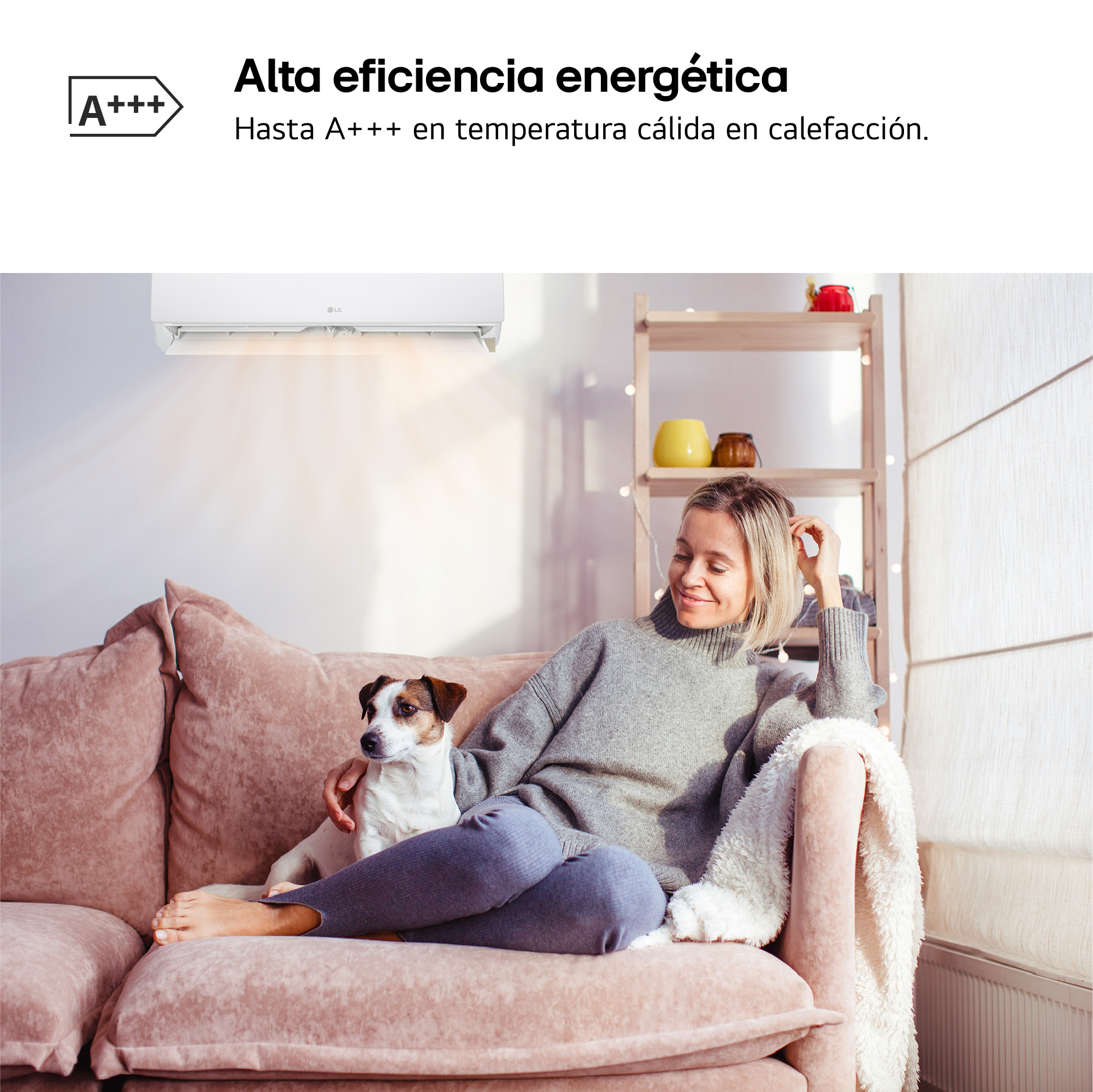 Una mujer y un perro en un sofá, un aire acondicionado en la pared, texto sobre eficiencia energética.