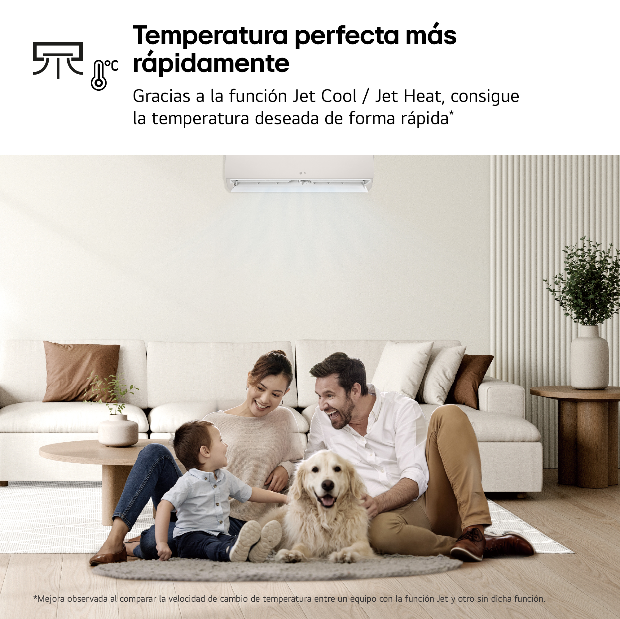 Una familia en un sofá, un aire acondicionado en la pared, texto sobre control rápido de temperatura.