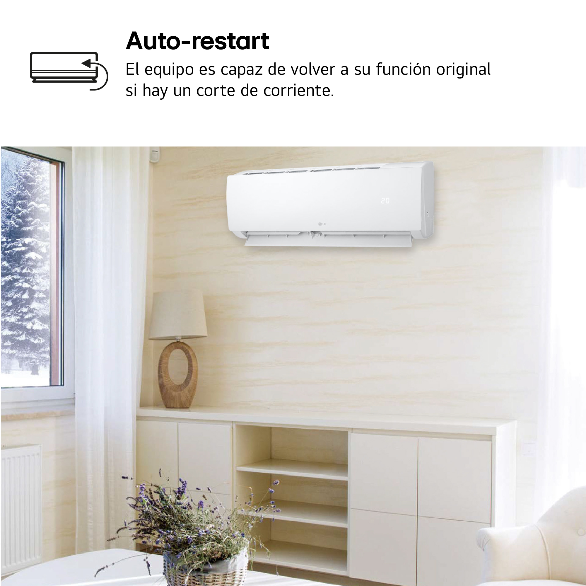 Una habitación con un aire acondicionado en la pared, texto sobre la función de reinicio automático.