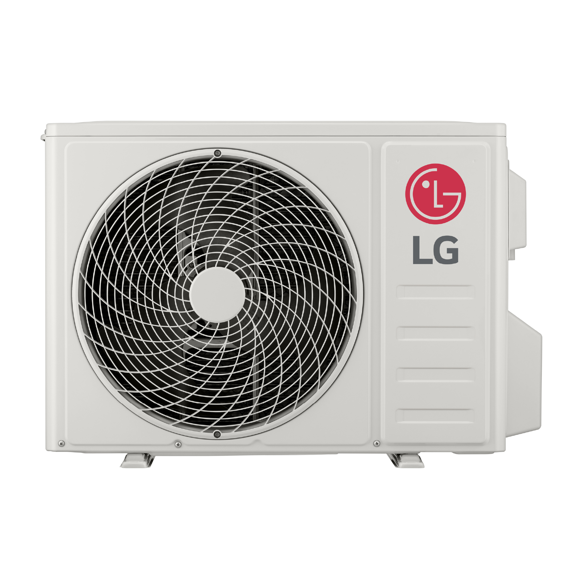 Unidad exterior de un aire acondicionado, carcasa blanca, rejilla del ventilador, logotipo rojo de LG.