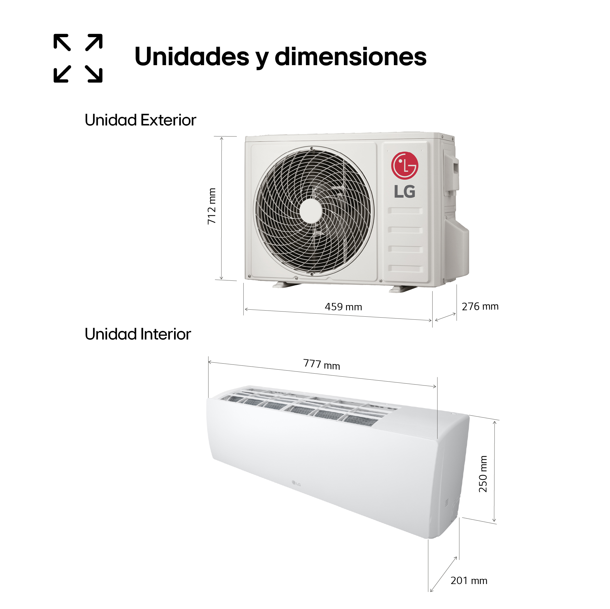 Diagrama mostrando las dimensiones de las unidades exterior e interior del aire acondicionado LG, blanco sobre blanco.