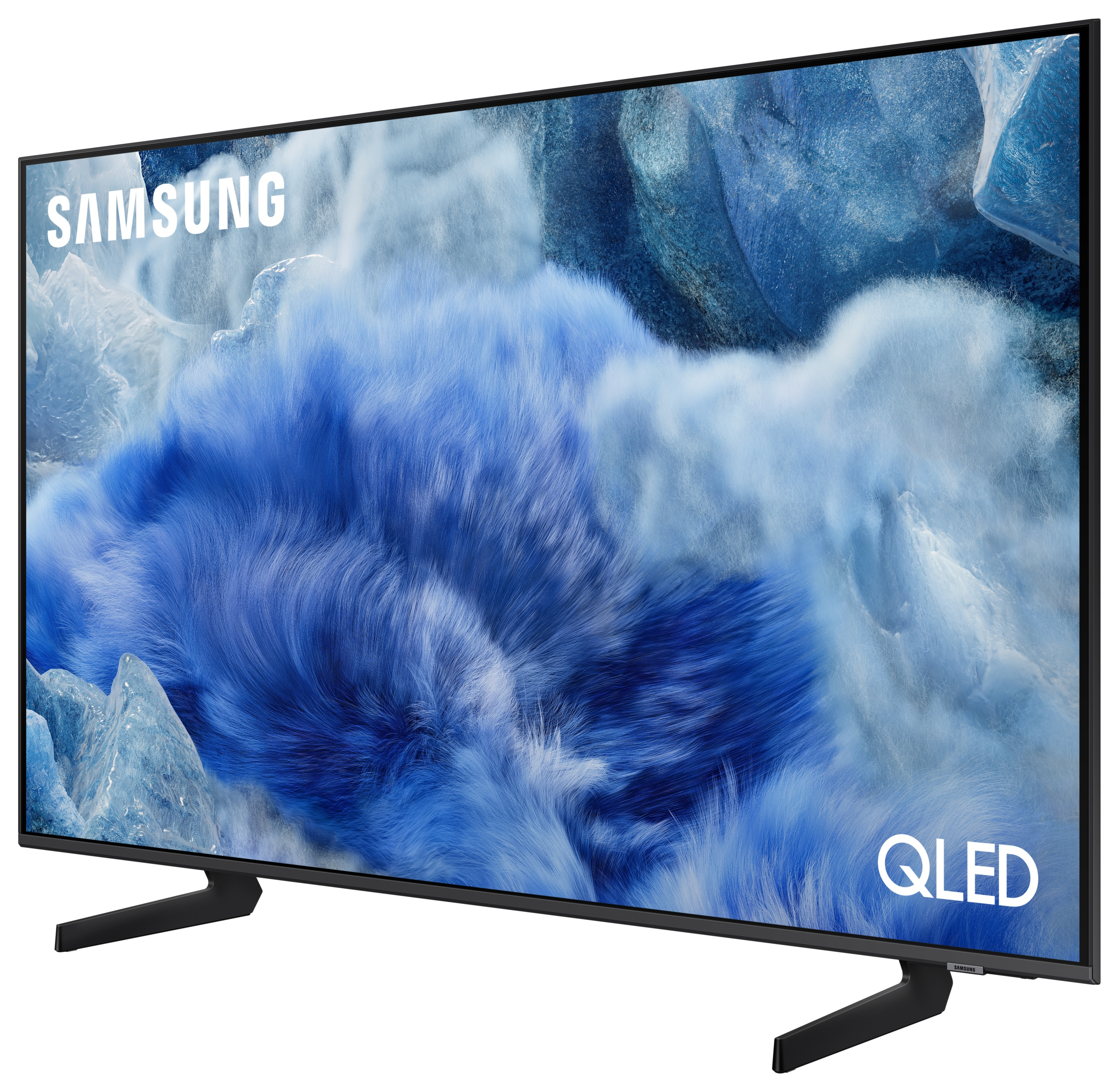 Czarny telewizor Samsung QLED z niebiesko-białym obrazem na ekranie, stojący na czarnych nóżkach.