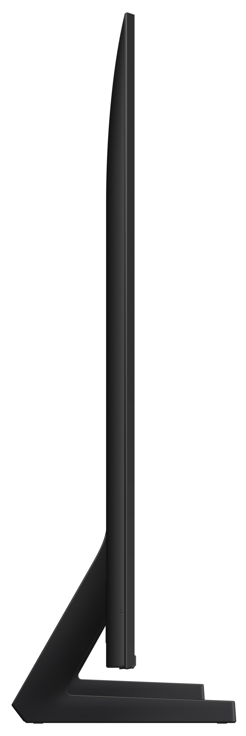 Widok z boku czarnego telewizora z czarną ramką i podstawą, białe tło.