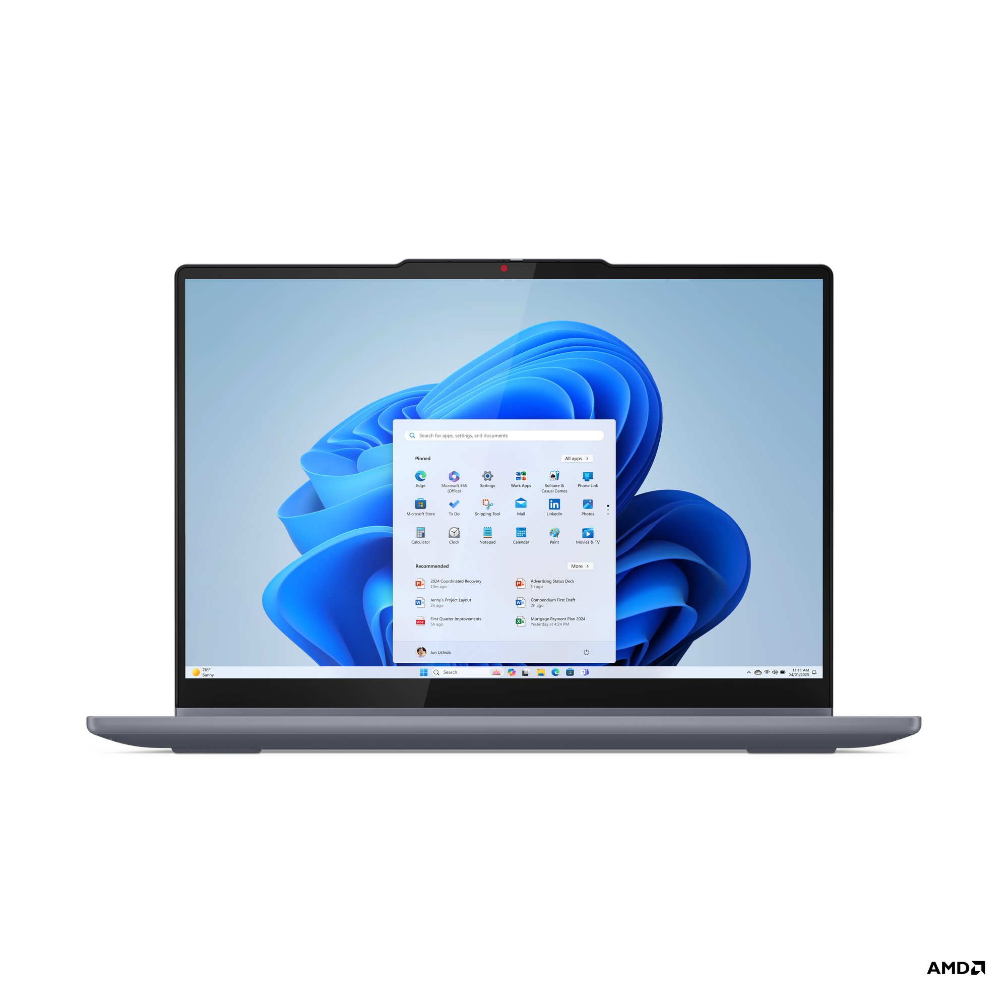 Uygulama menüsü gösteren açık ekranlı koyu gri laptop. Siyah arka plan.