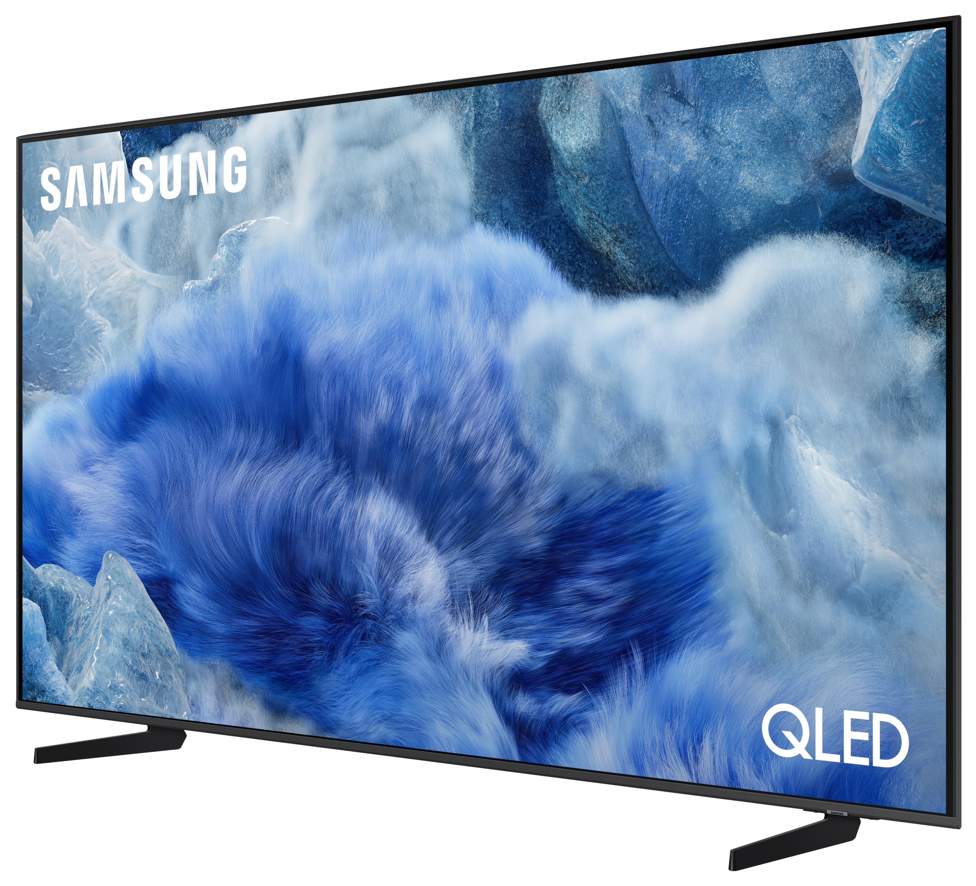 Duży telewizor Samsung z niebieskim tłem i napisem QLED na ekranie.