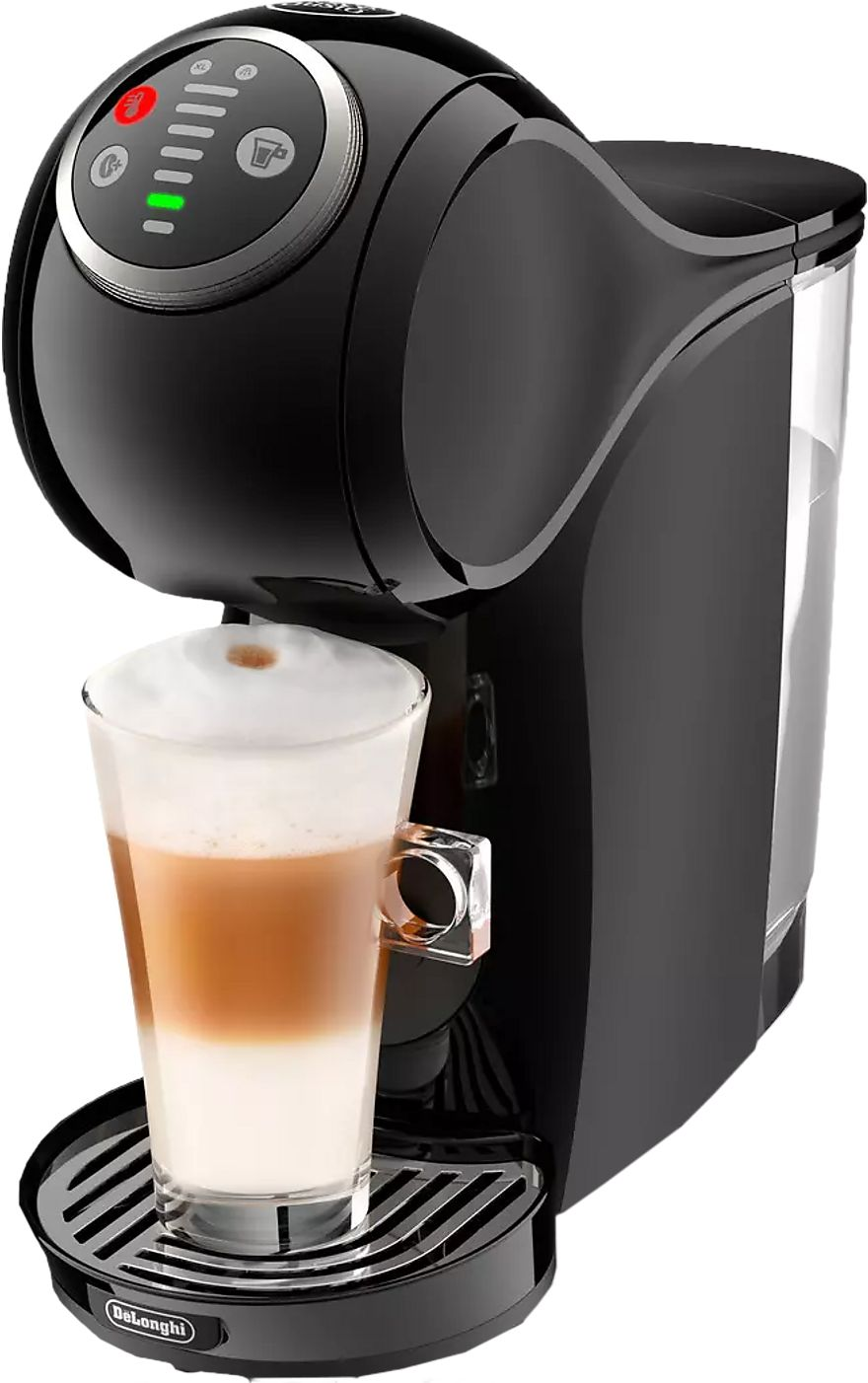 Eine schwarze De'Longhi Kaffeemaschine, die einen Becher mit Milchkaffee füllt.