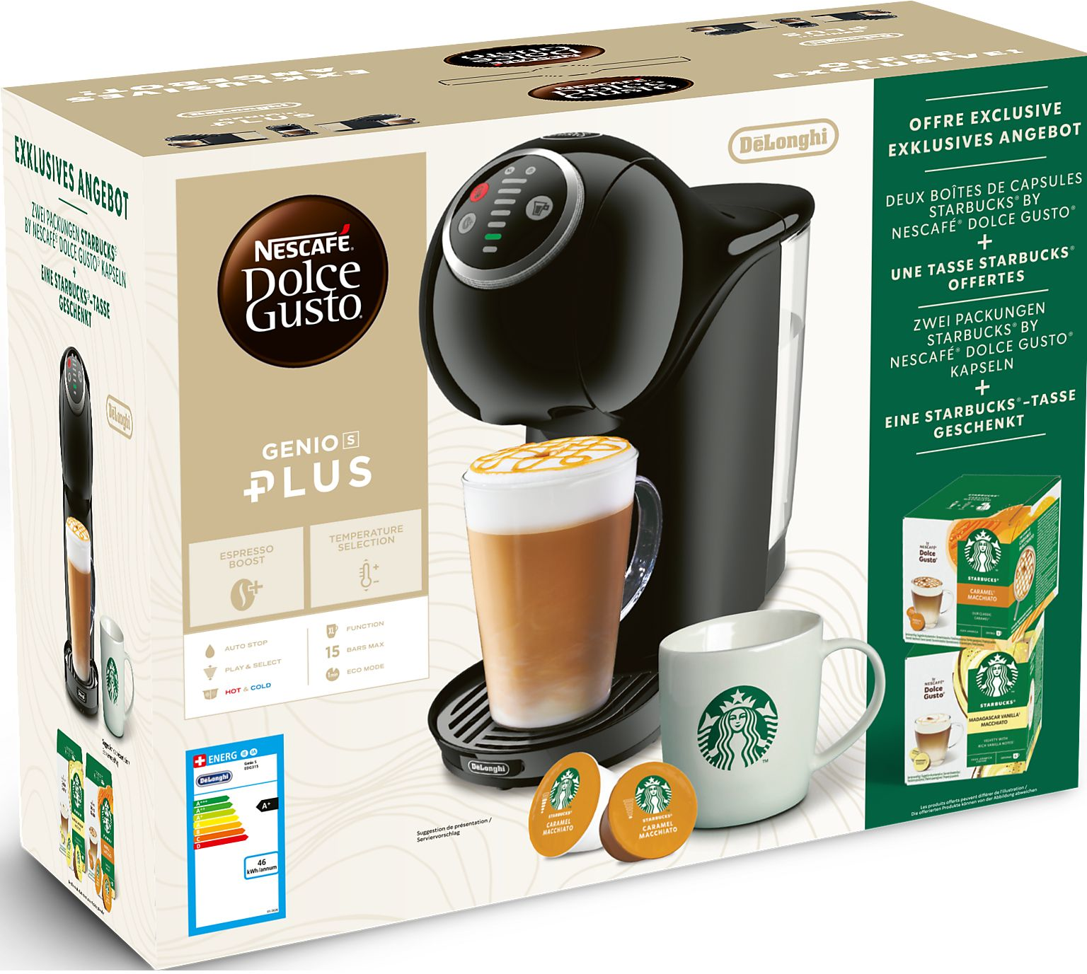 Schwarze De'Longhi Kaffeemaschine mit einer Tasse, Kapseln und einer Starbucks-Tasse, verpackt in einer Box.