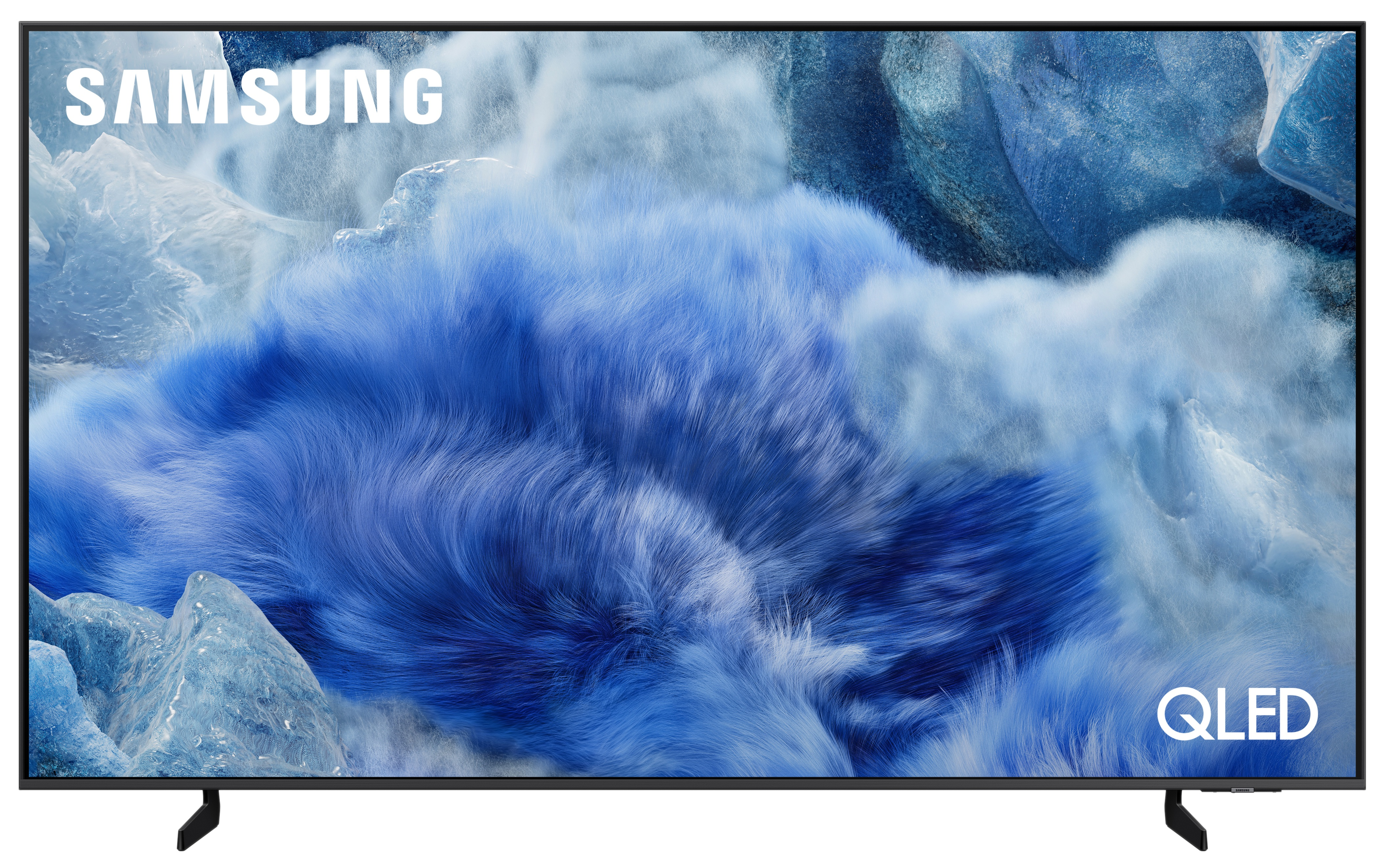 Telewizor Samsung QLED wyświetlający niebieską abstrakcyjną scenę ze strukturami lodu i logo Samsung.