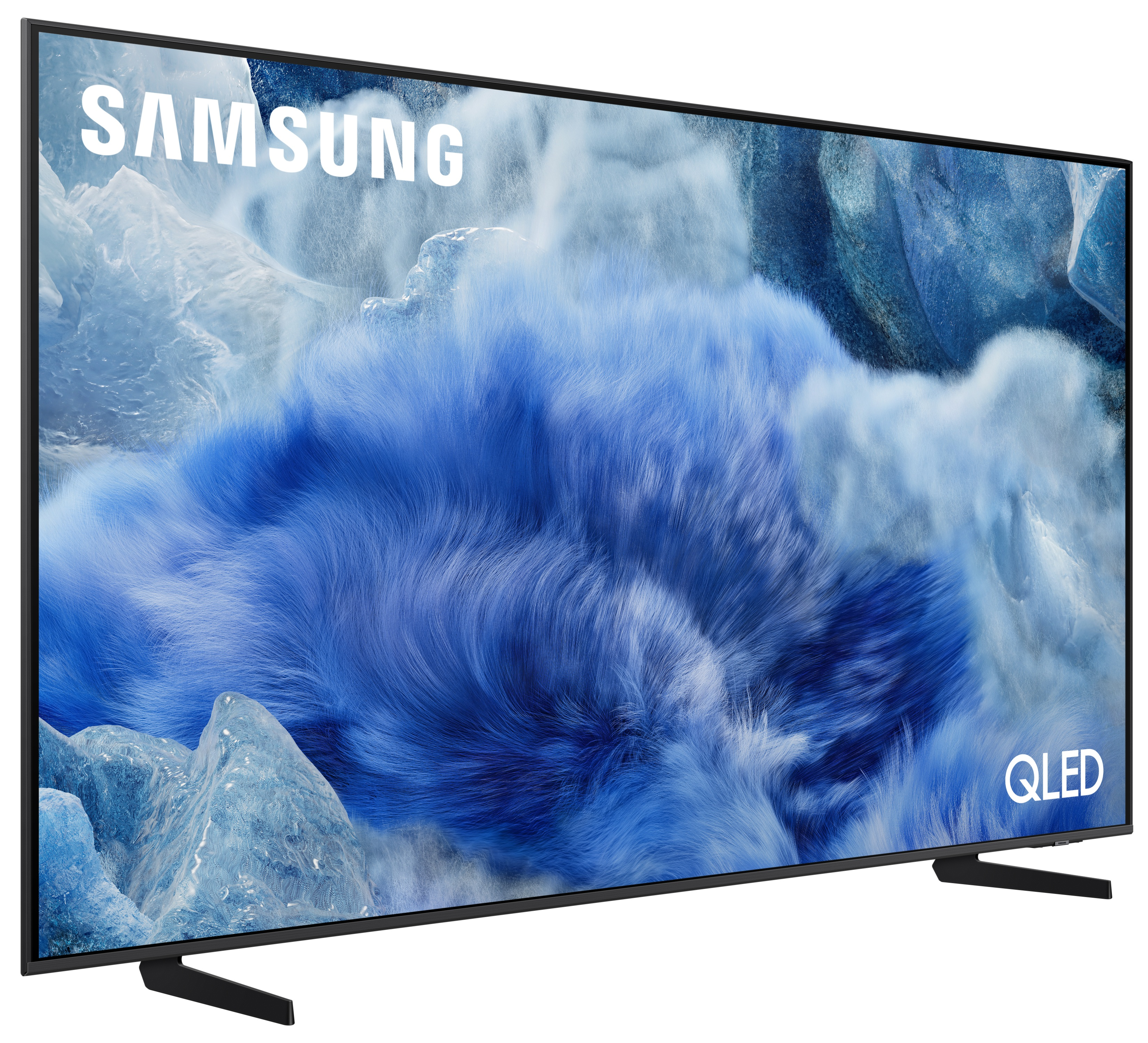 Telewizor Samsung QLED wyświetlający niebieską abstrakcyjną scenę ze strukturami lodu i logo Samsung.