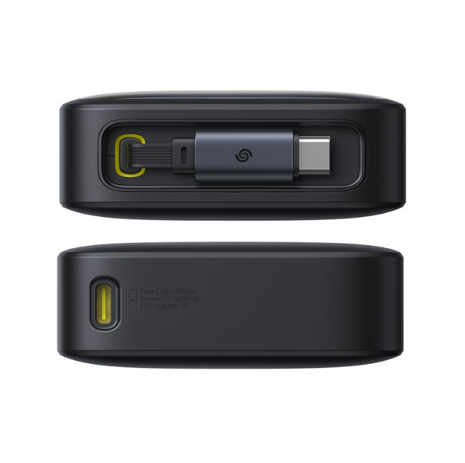 Siyah powerbank, USB-C portları, sarı vurgu, Baseus markası.