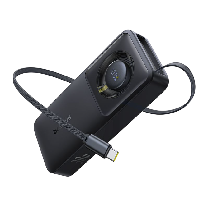 Siyah powerbank, kablo, dijital ekran, USB-C portu, Baseus markası.
