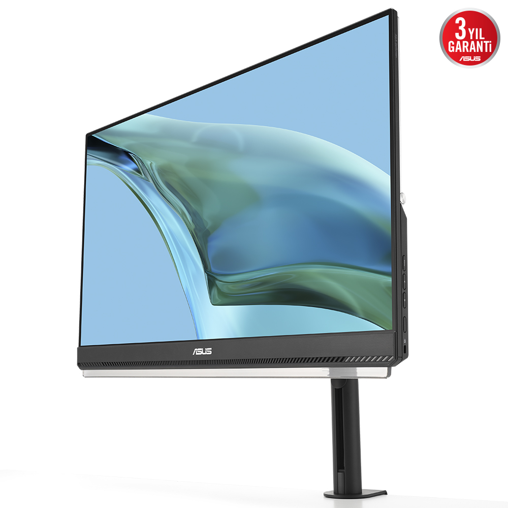 Mavi ekranlı bir ASUS monitörü, garanti logosu ile beyaz bir zemin üzerinde duruyor.