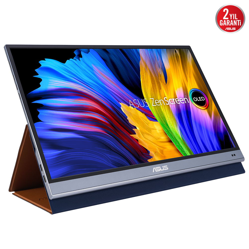 Renkli bir arka planı olan bir ASUS ZenScreen OLED monitör, mavi bir taban ve gümüş bir çerçeve üzerinde.