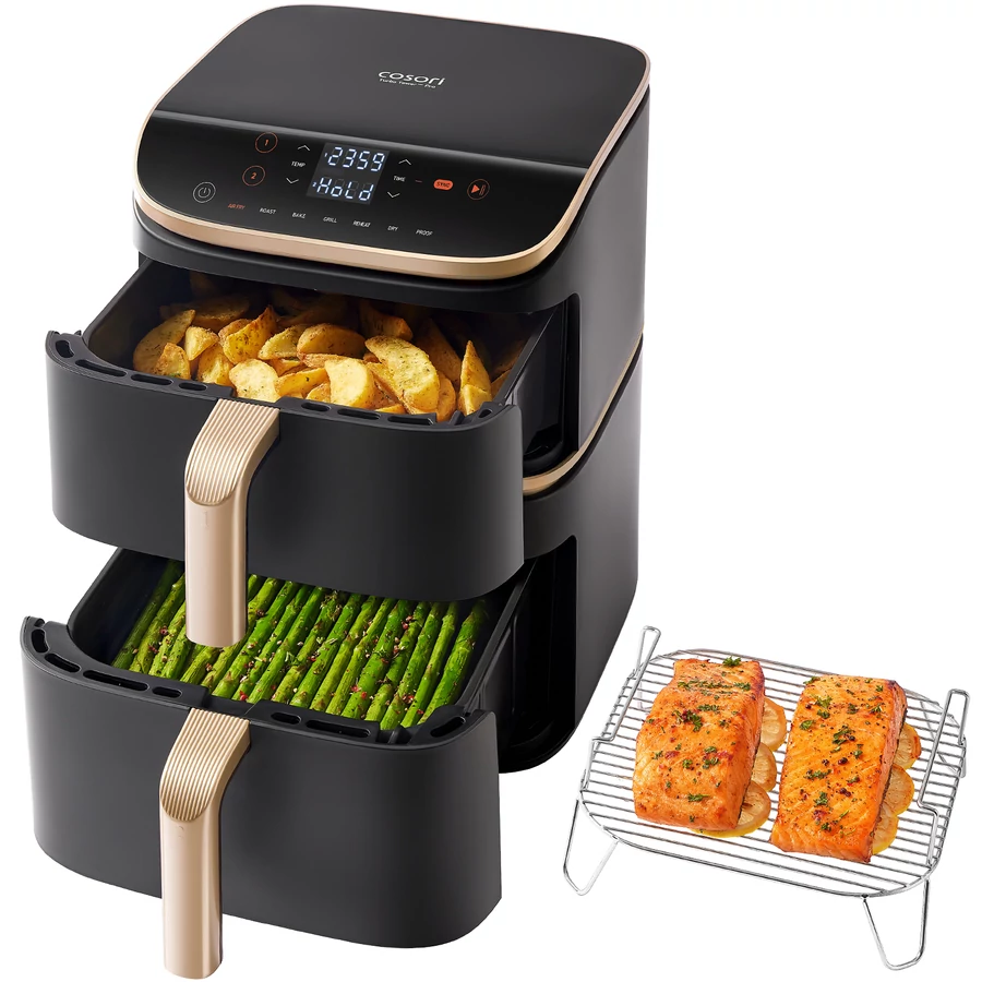 Egy fekete Cosori Turbo Tower Pro légkeveréses sütő két fiókkal, tele étellel és egy grill.