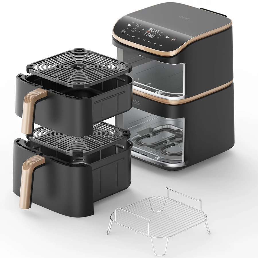 Egy fekete Cosori Turbo Tower Pro légkeveréses sütő szétszerelve, fiókokkal, grill-lel és belsővel.
