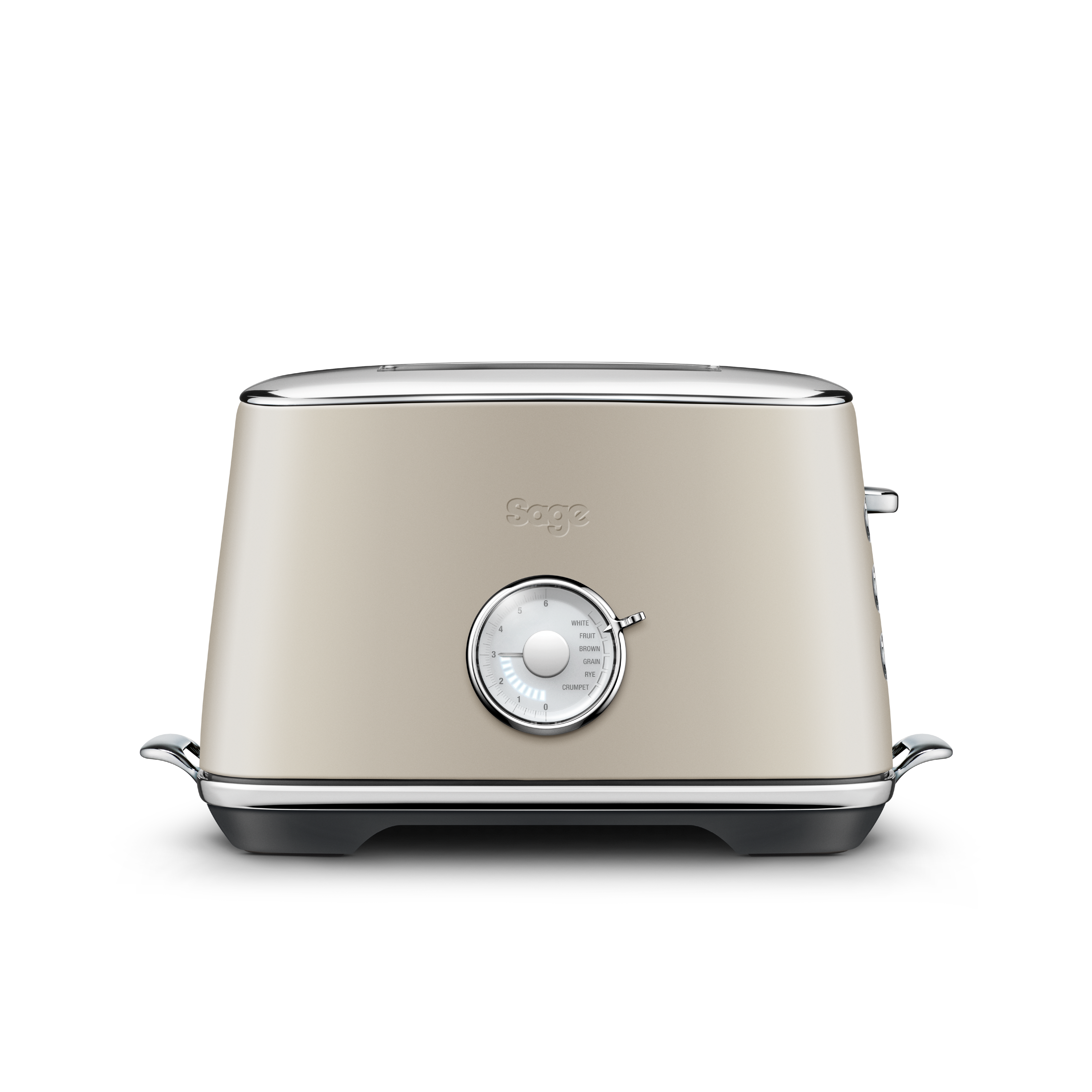 Ein cremefarbener Toaster mit Drehregler, vor schwarzem Hintergrund. Der Toaster ist leer.