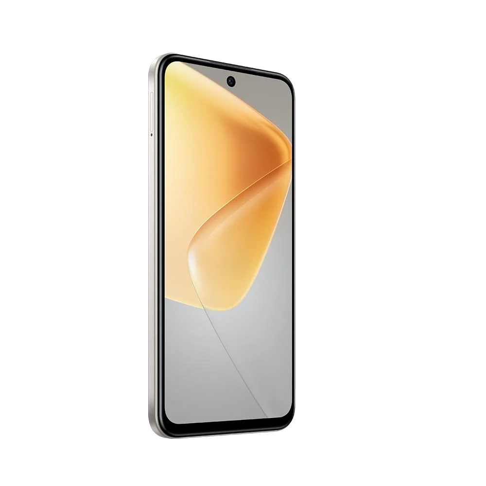 Akıllı telefon, sarı-altın ekran, gri çerçeve, siyah arka plan. Kamera üstte ortalanmış.