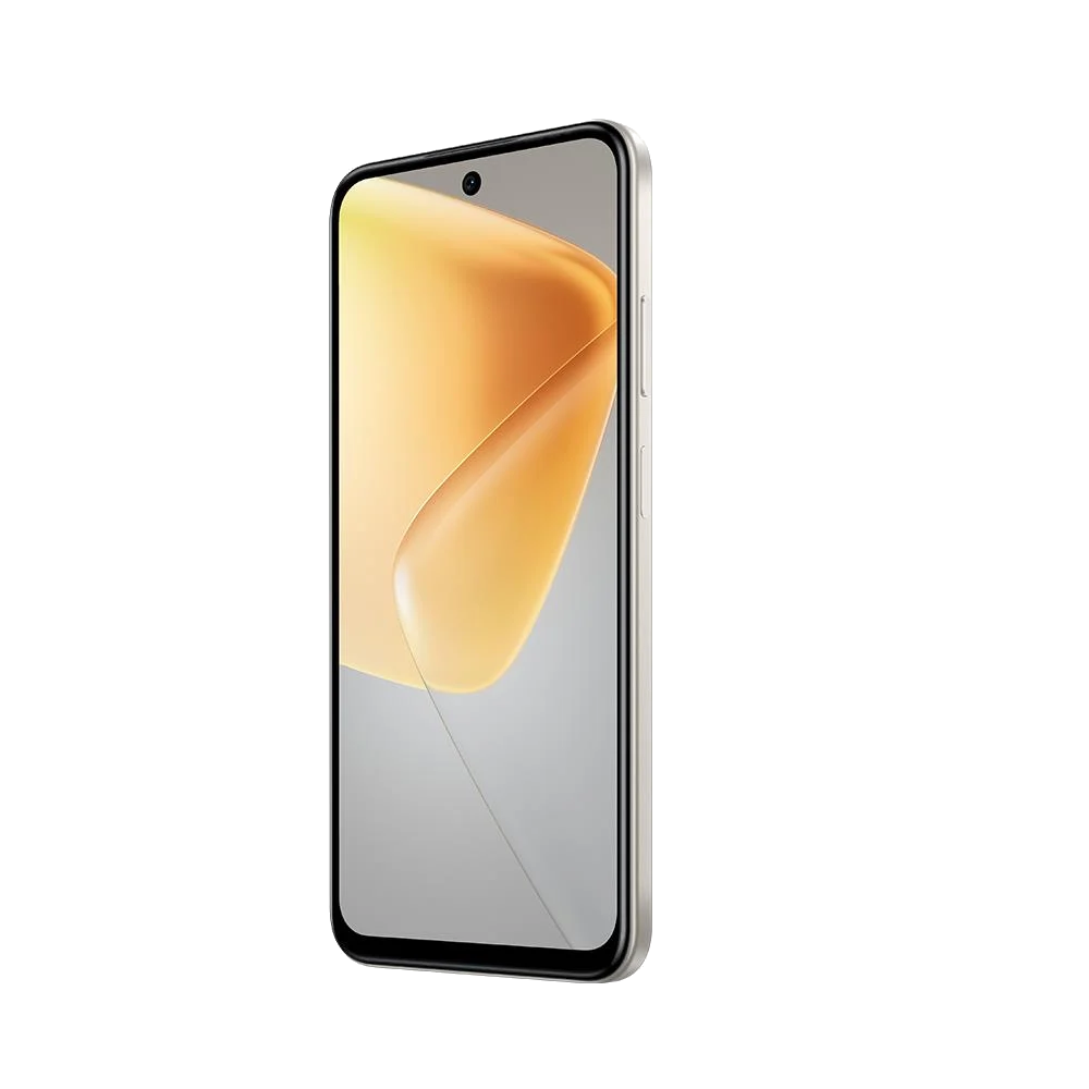 Akıllı telefon, sarı-altın ekran, gri çerçeve, siyah arka plan. Kamera üstte ortalanmış.