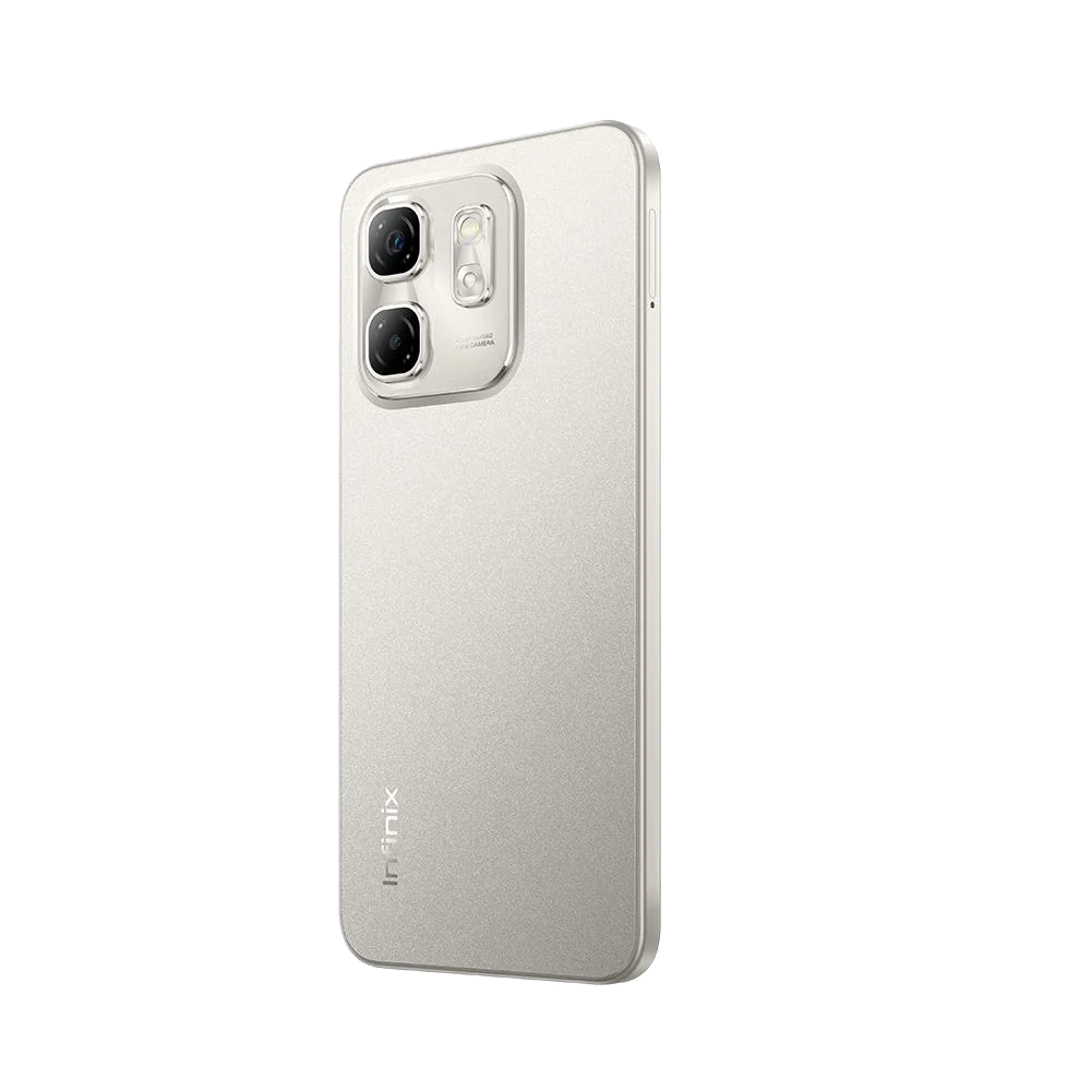 İki kamerası, bir flaşı ve 'Infinix' marka adı olan gümüş bir akıllı telefonun arkası.