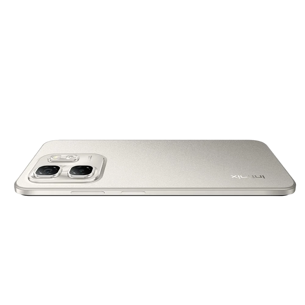 İki kamerası, bir flaşı ve 'Infinix' marka adı olan gümüş bir akıllı telefonun arkası.