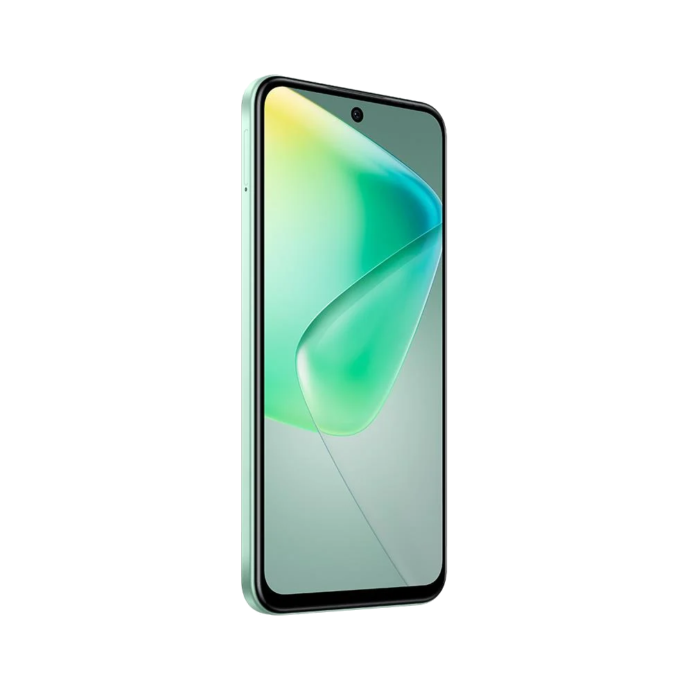 Yeşil çerçeveli ve sarı-yeşil soyut bir şekil gösteren ekranlı bir akıllı telefon.