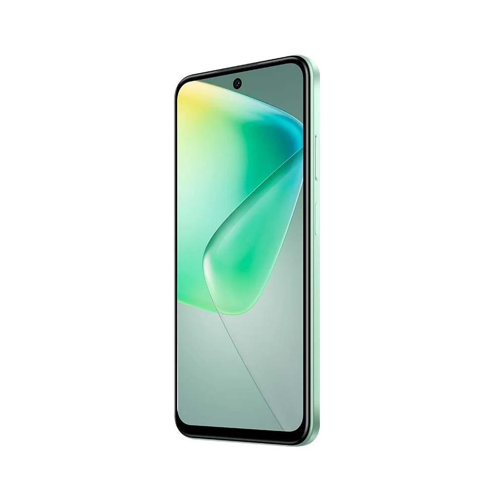 Yeşil çerçeveli ve sarı-yeşil soyut bir şekil gösteren ekranlı bir akıllı telefon.