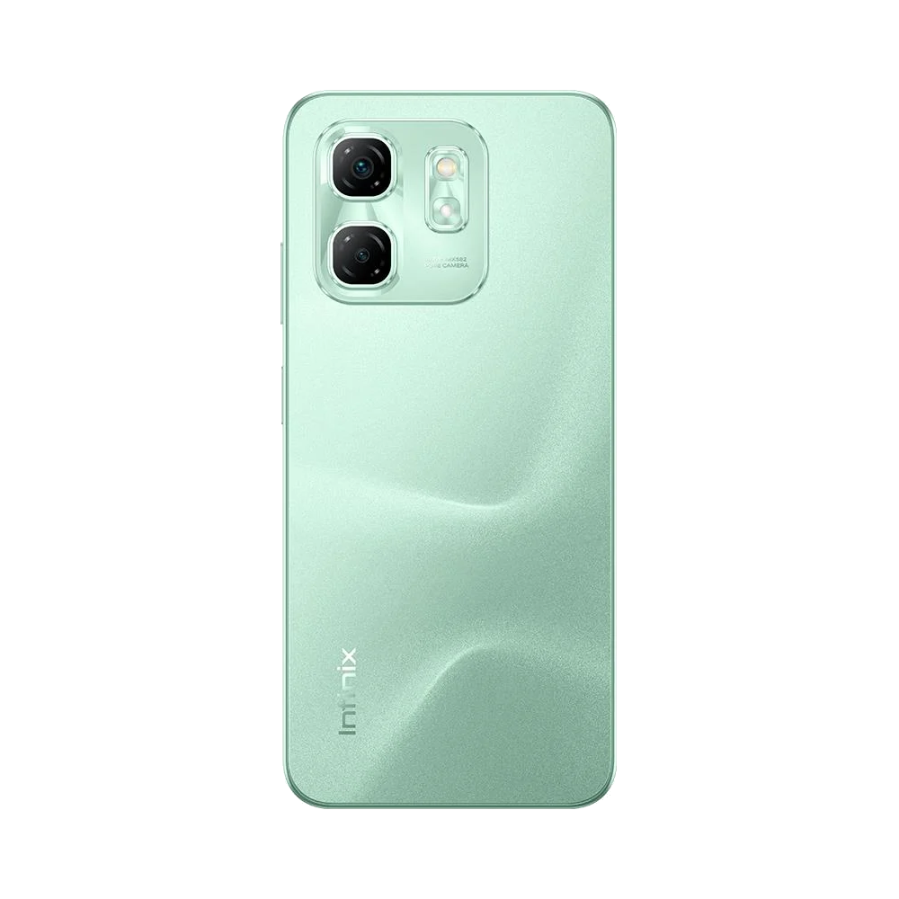 Yeşil bir arka kısma, iki kameraya ve arkada Infinix logosuna sahip bir akıllı telefon.