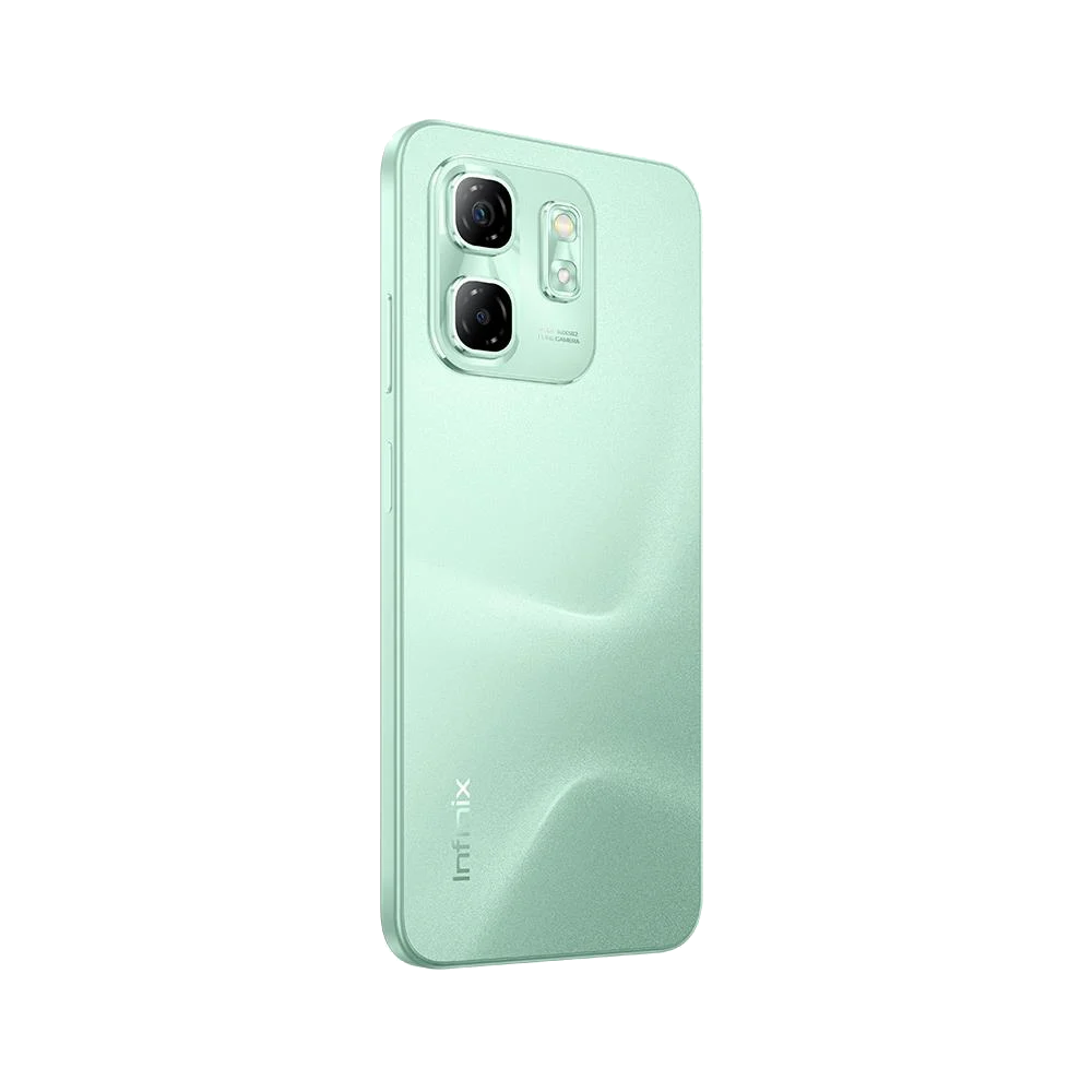 Siyah arka plan üzerinde iki kameralı ve "Infinix" yazılı açık yeşil akıllı telefon, yan görünüm.