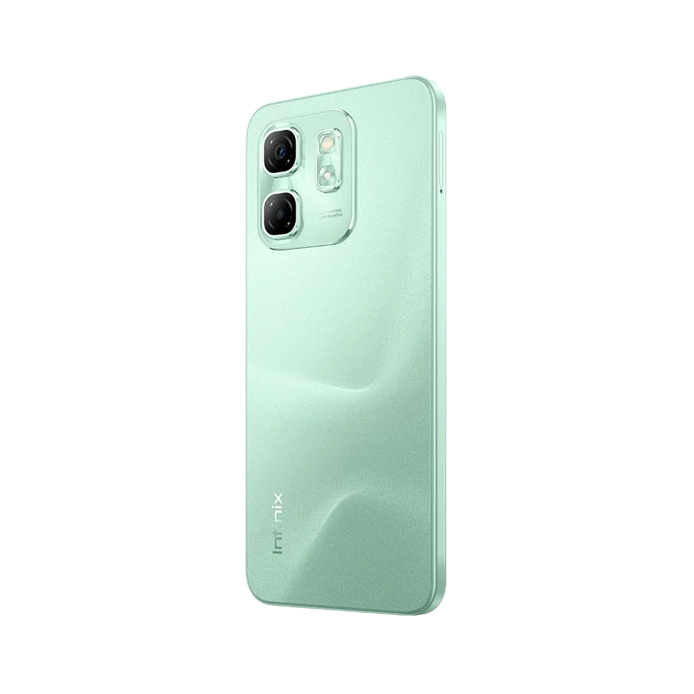 Siyah arka plan üzerinde iki kameralı ve "Infinix" yazılı açık yeşil akıllı telefon, yan görünüm.