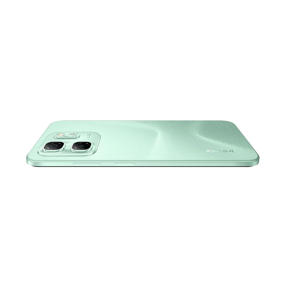Siyah arka plan üzerinde iki kameralı ve "Infinix" yazılı açık yeşil akıllı telefon, yukarıdan görünüm.