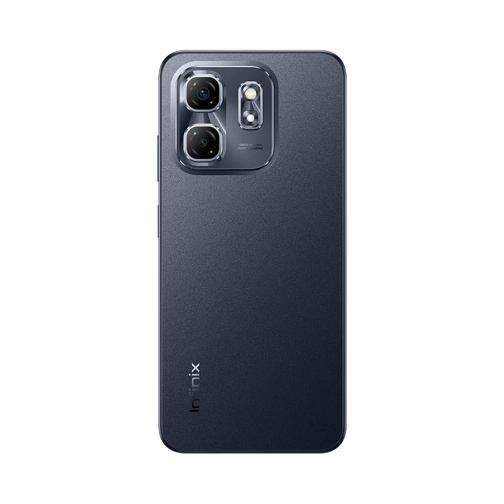 İki kamerası ve "infinix" marka adı olan bir akıllı telefonun arkası, siyah bir arka plan üzerinde.