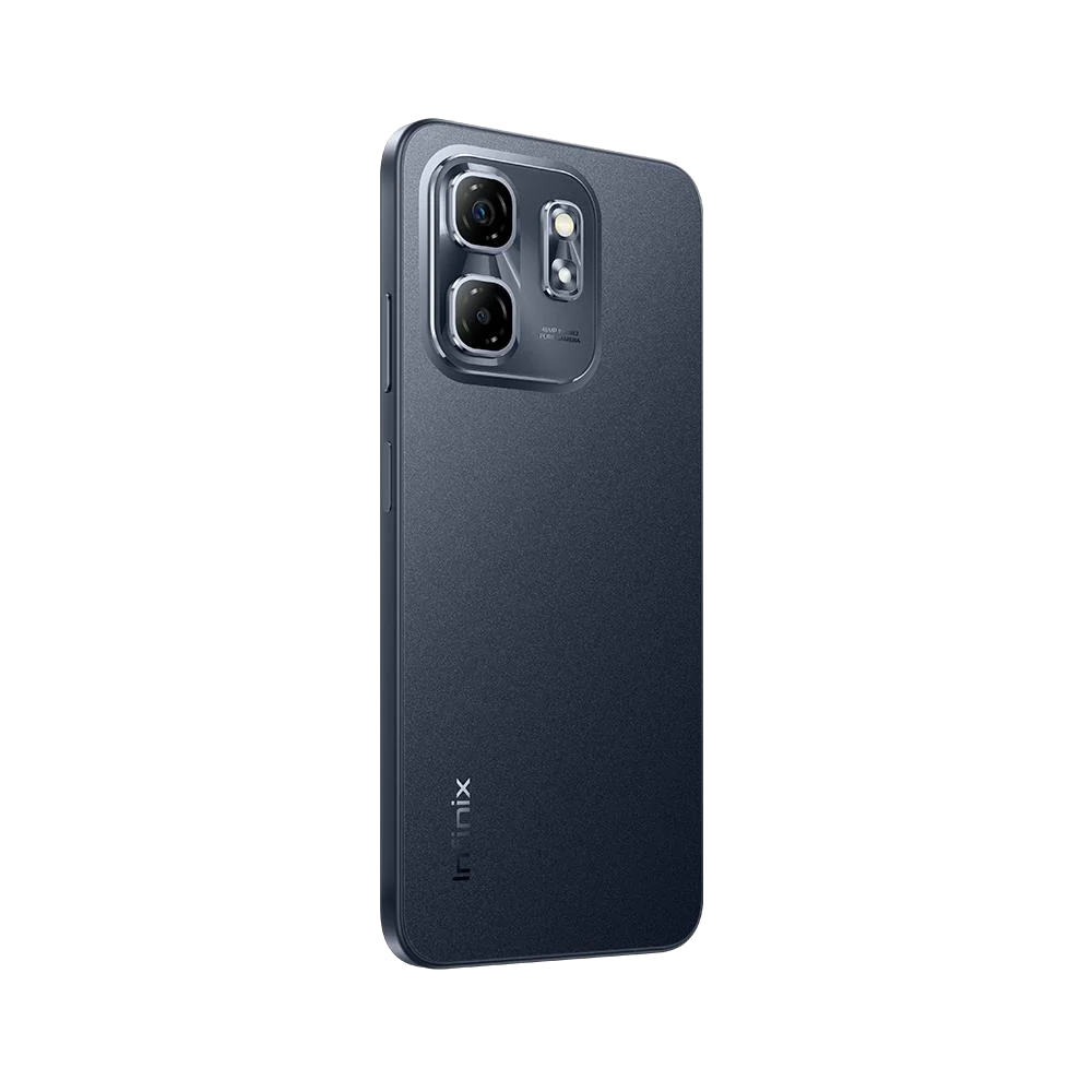 İki kamerası ve "infinix" marka adı olan bir akıllı telefonun arkası, siyah bir arka plan üzerinde.