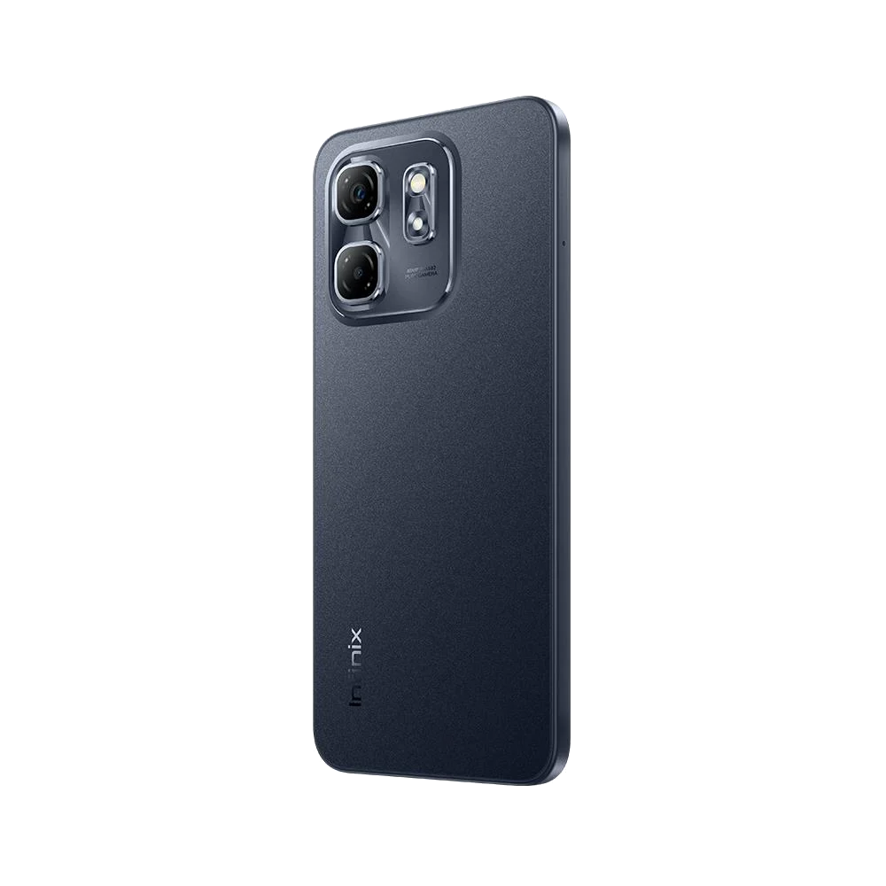İki kamerası ve "infinix" marka adı olan bir akıllı telefonun arkası, siyah bir arka plan üzerinde.