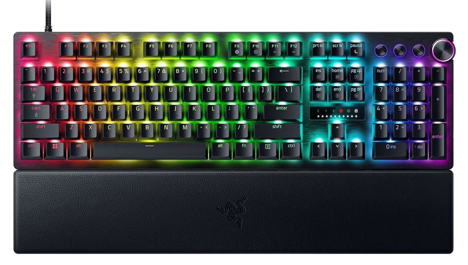 Klawiatura do gier RGB z kolorowymi klawiszami i podpórką pod nadgarstek. Widoczne logo Razer.