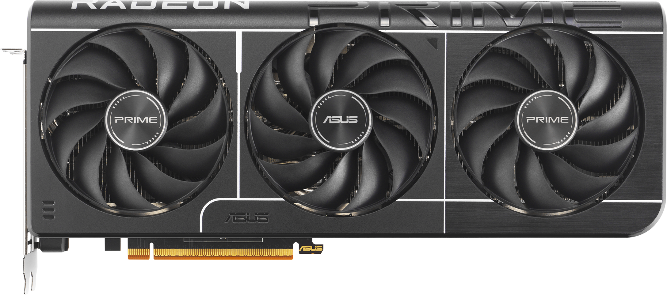 Draufsicht auf eine Grafikkarte mit drei Lüftern. Die Karte ist schwarz mit silbernen Akzenten und dem ASUS-Logo.