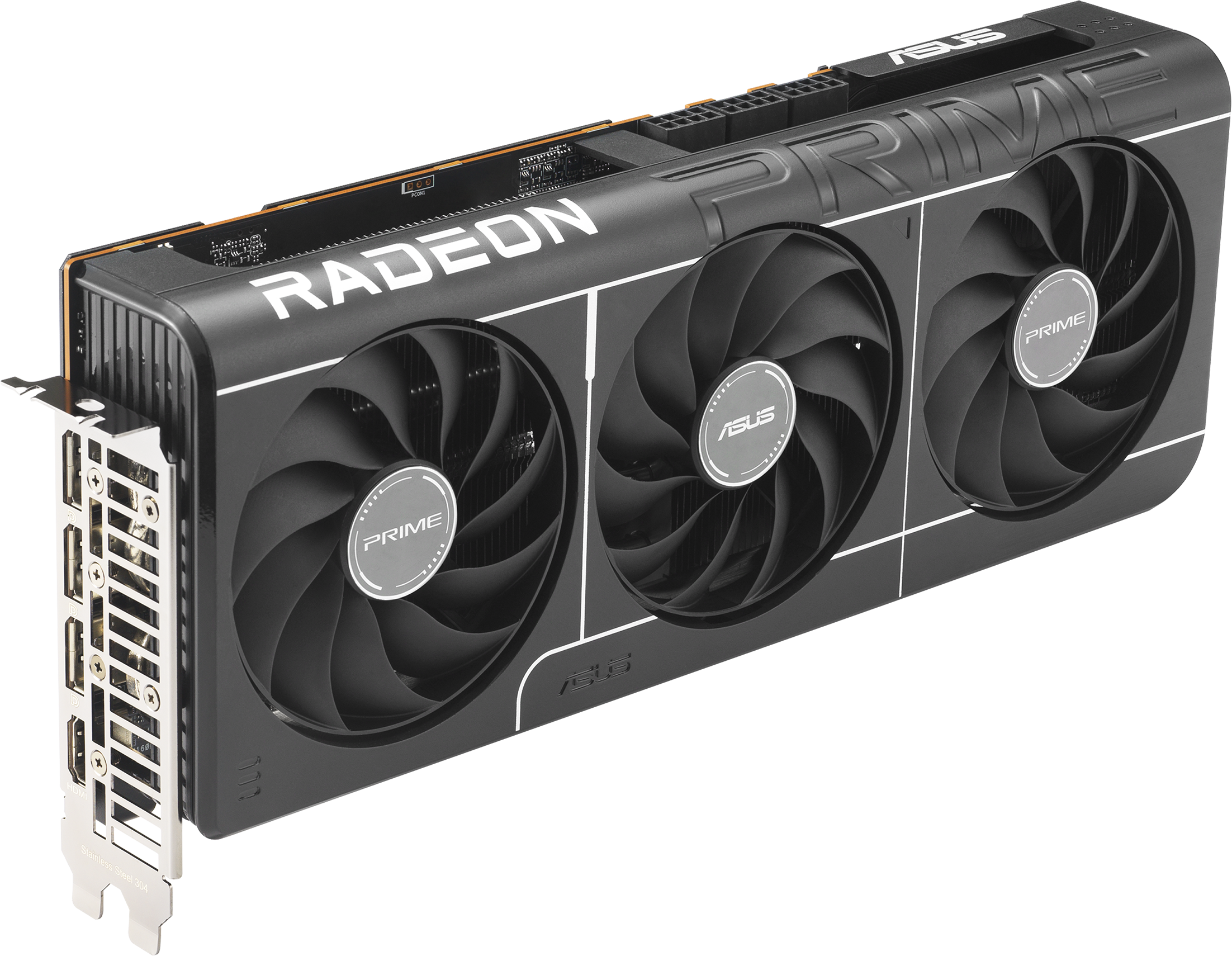 Grafikkarte mit drei Lüftern und dem ASUS-Logo. Die Karte ist schwarz mit silbernen Akzenten und dem Radeon-Schriftzug.