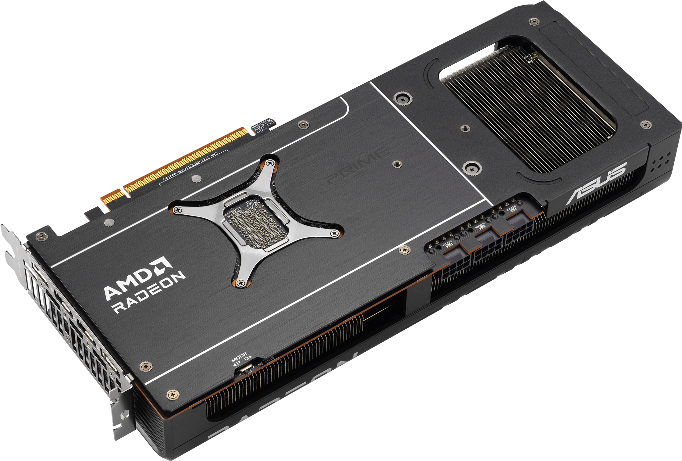 Rückseite einer Grafikkarte mit Kühlkörper. Die Karte ist schwarz mit dem AMD Radeon-Logo und dem ASUS-Logo.