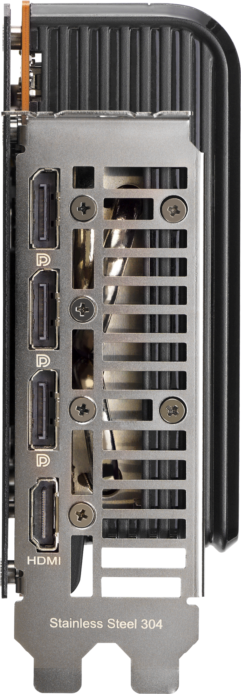 Nahaufnahme der Anschlüsse einer Grafikkarte. Die Karte ist schwarz mit silbernen Akzenten und dem ASUS-Logo.