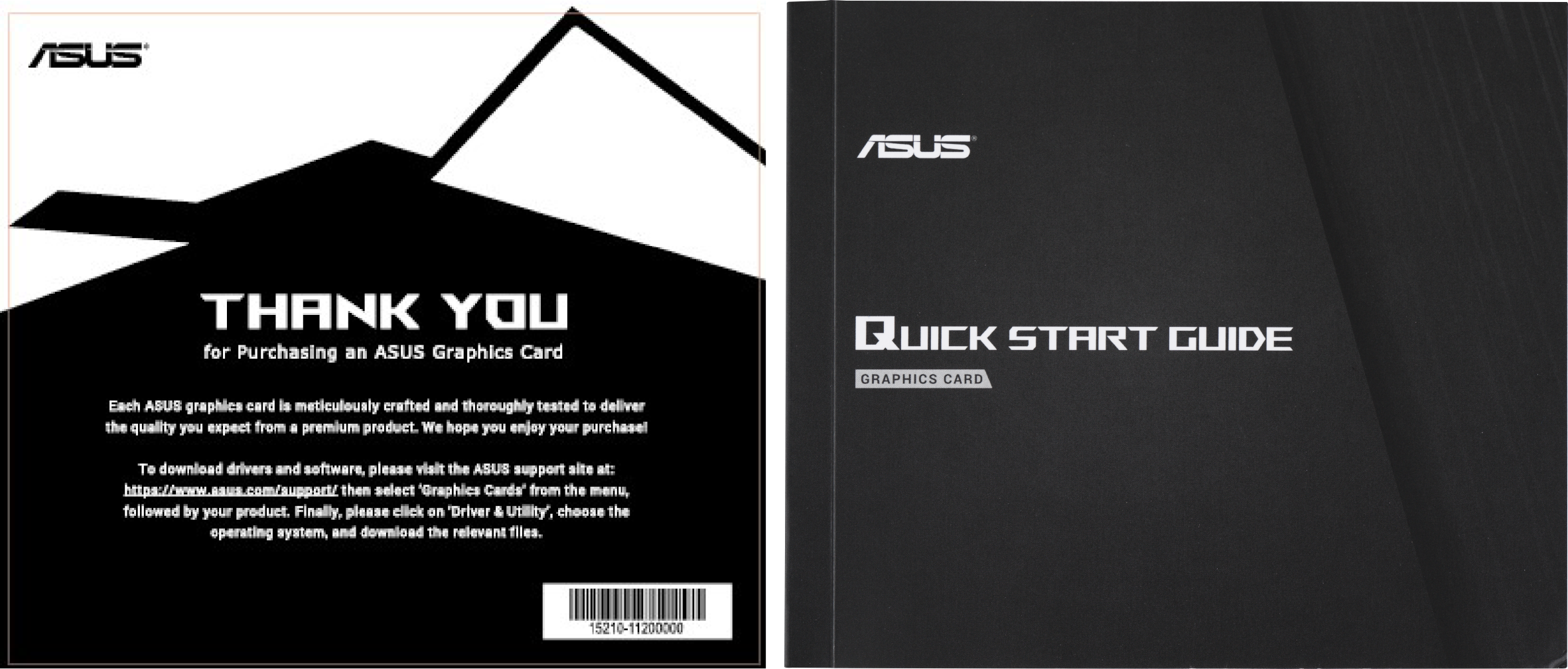 Zwei Dokumente mit ASUS-Logo und Text. Eines ist ein Dankesschreiben, das andere eine Kurzanleitung für Grafikkarten.