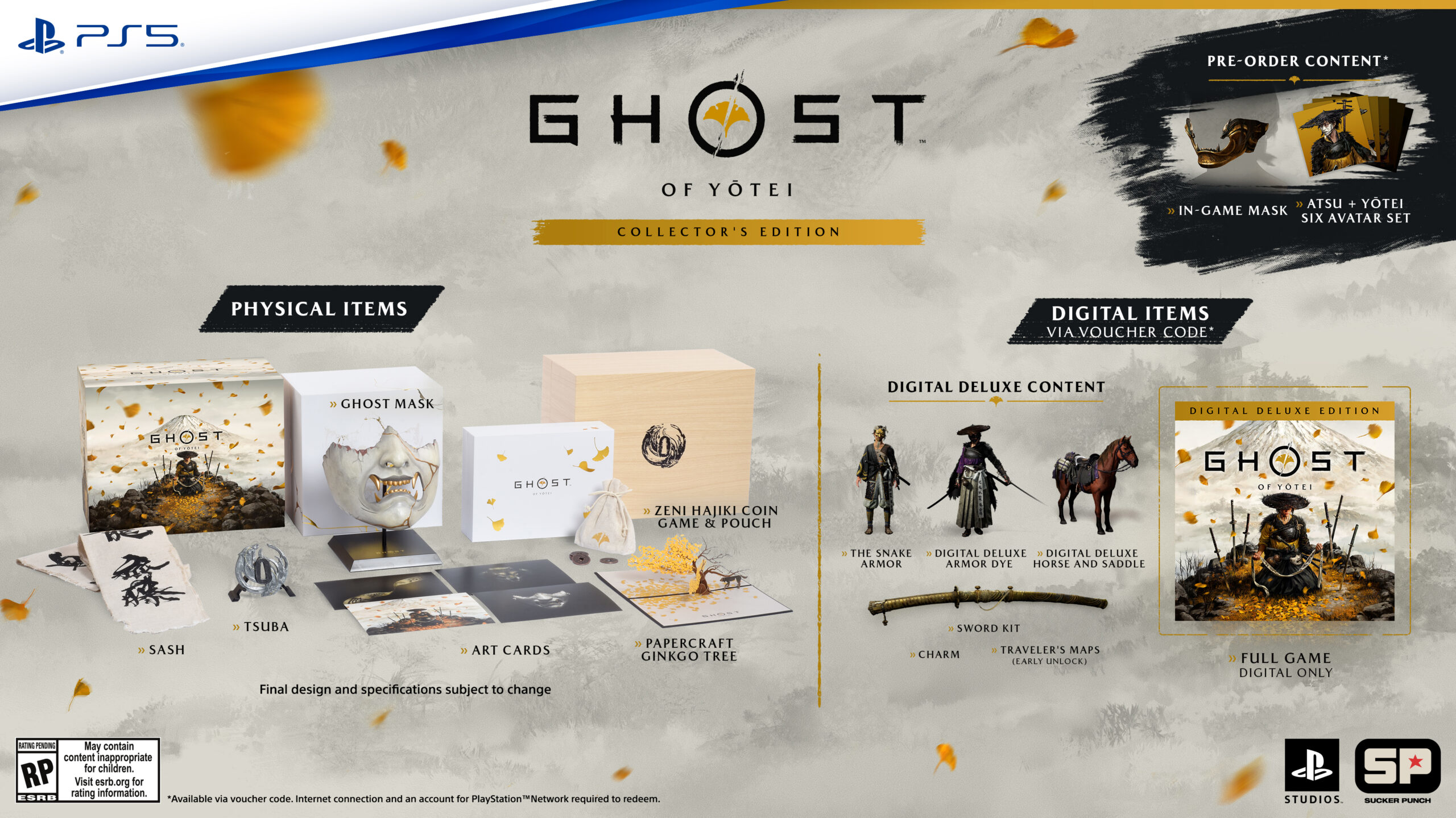 Panoramica dei contenuti della Collector's Edition di Ghost of Tsushima, inclusi elementi fisici e digitali.
