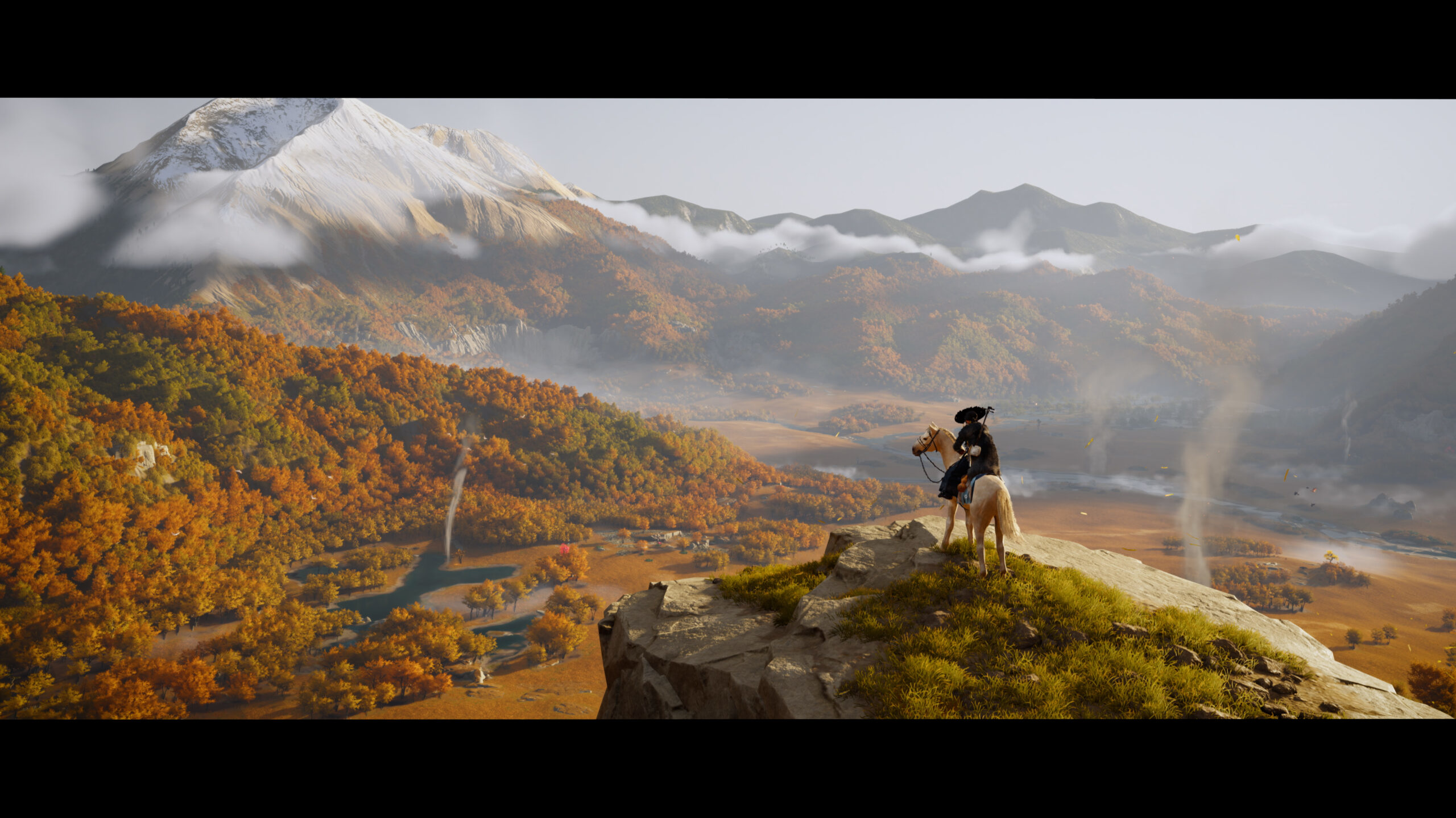 Un samurai a cavallo osserva un paesaggio autunnale con montagne e una valle.