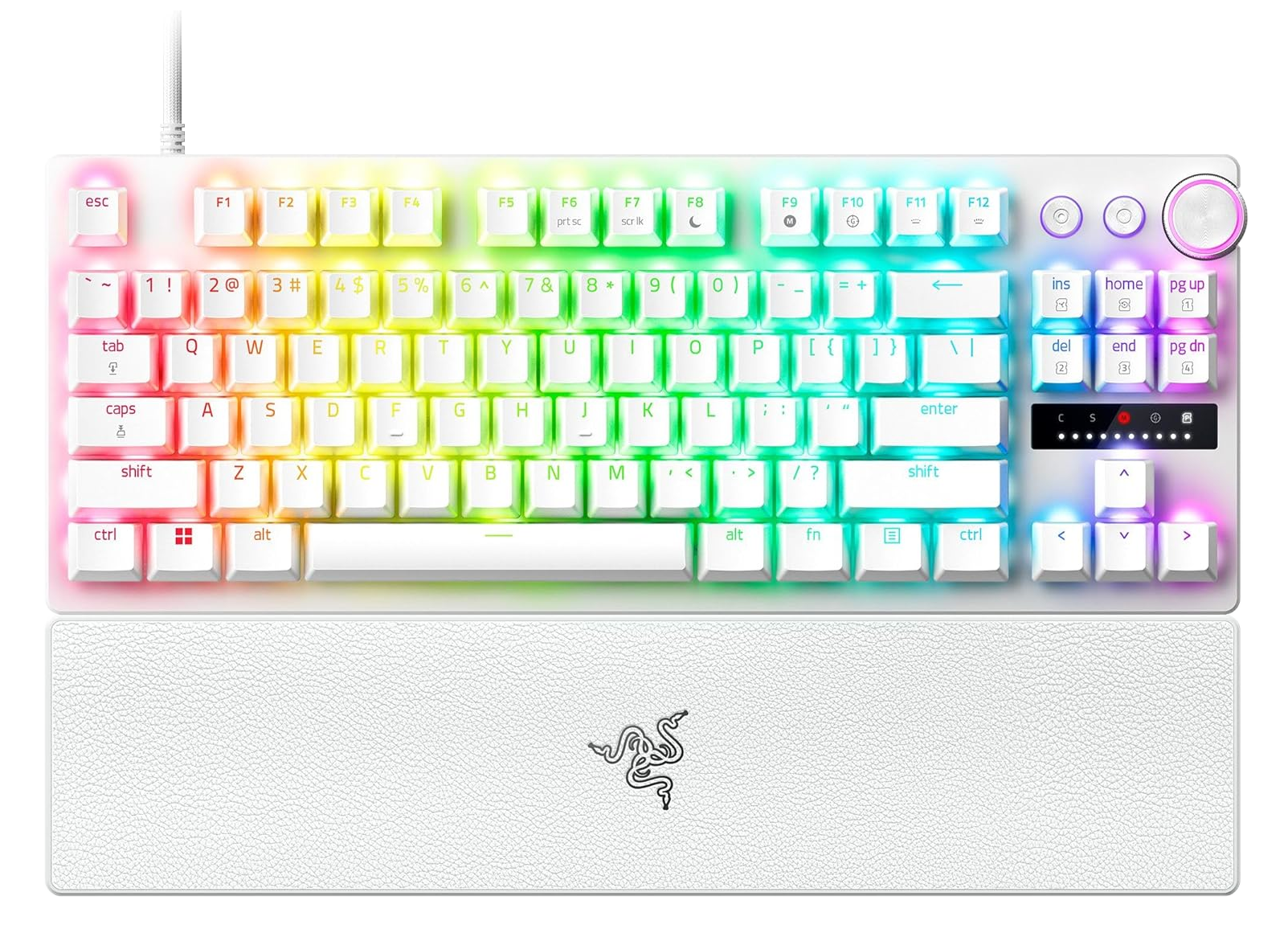 Biała klawiatura z kolorowym podświetleniem i podpórką pod nadgarstek. Klawisze są podświetlane w kolorach tęczy.