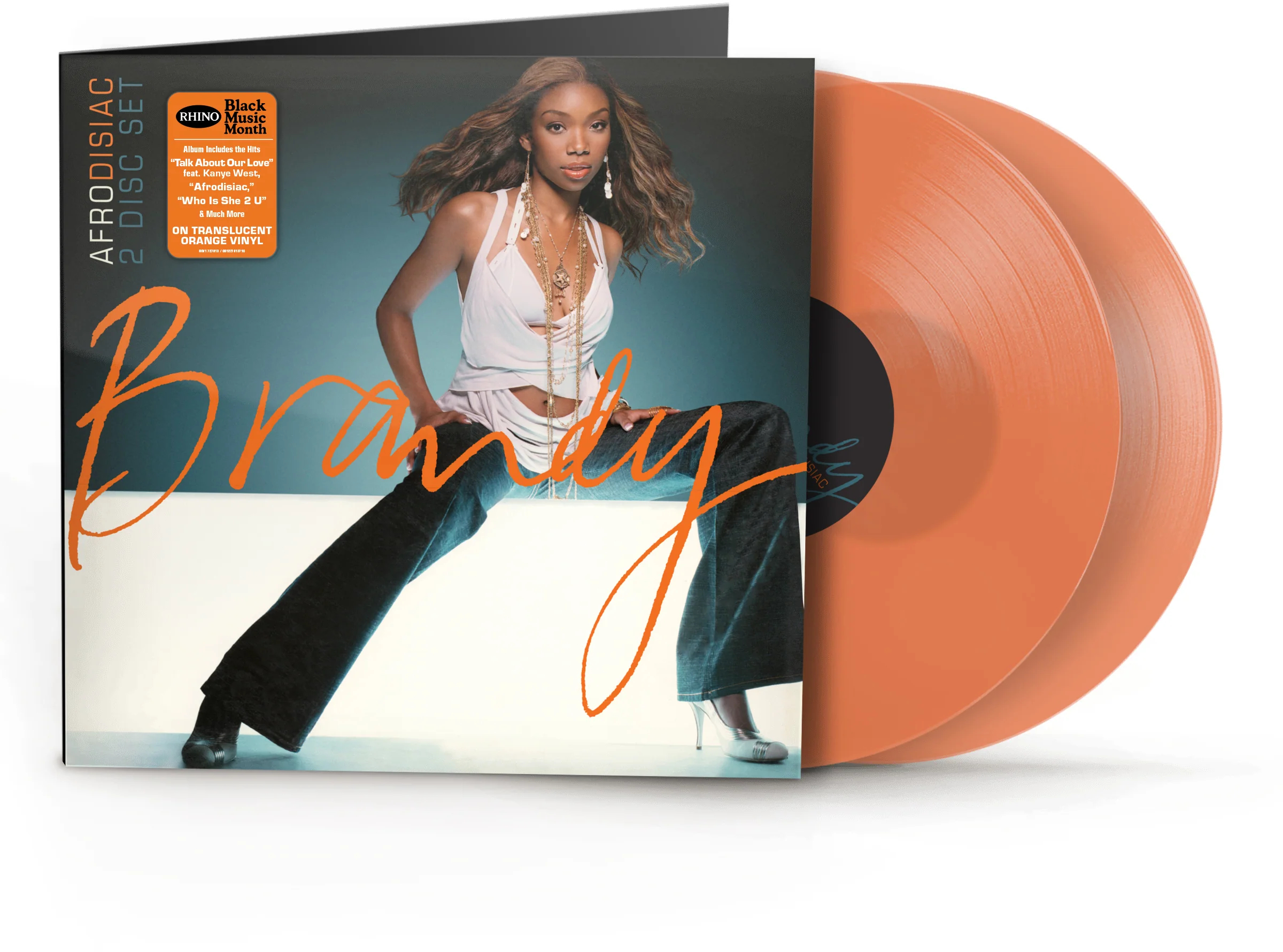 Brandy 'Afrodisiac' album borítója két narancssárga bakelit lemezzel, rajtuk a 'Brandy' felirattal.