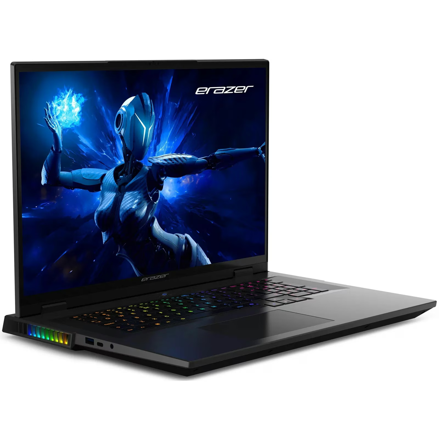 Black laptop with an image on the screen showing a figure with blue energy.