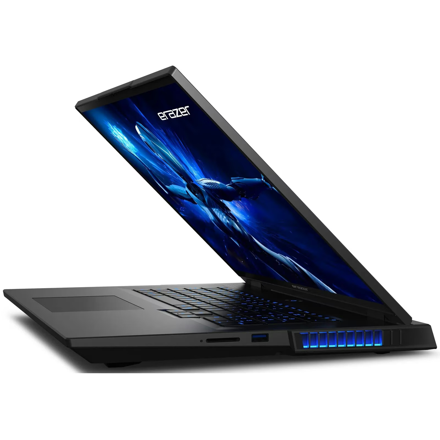 Black laptop with an image on the screen showing a figure with blue energy.
