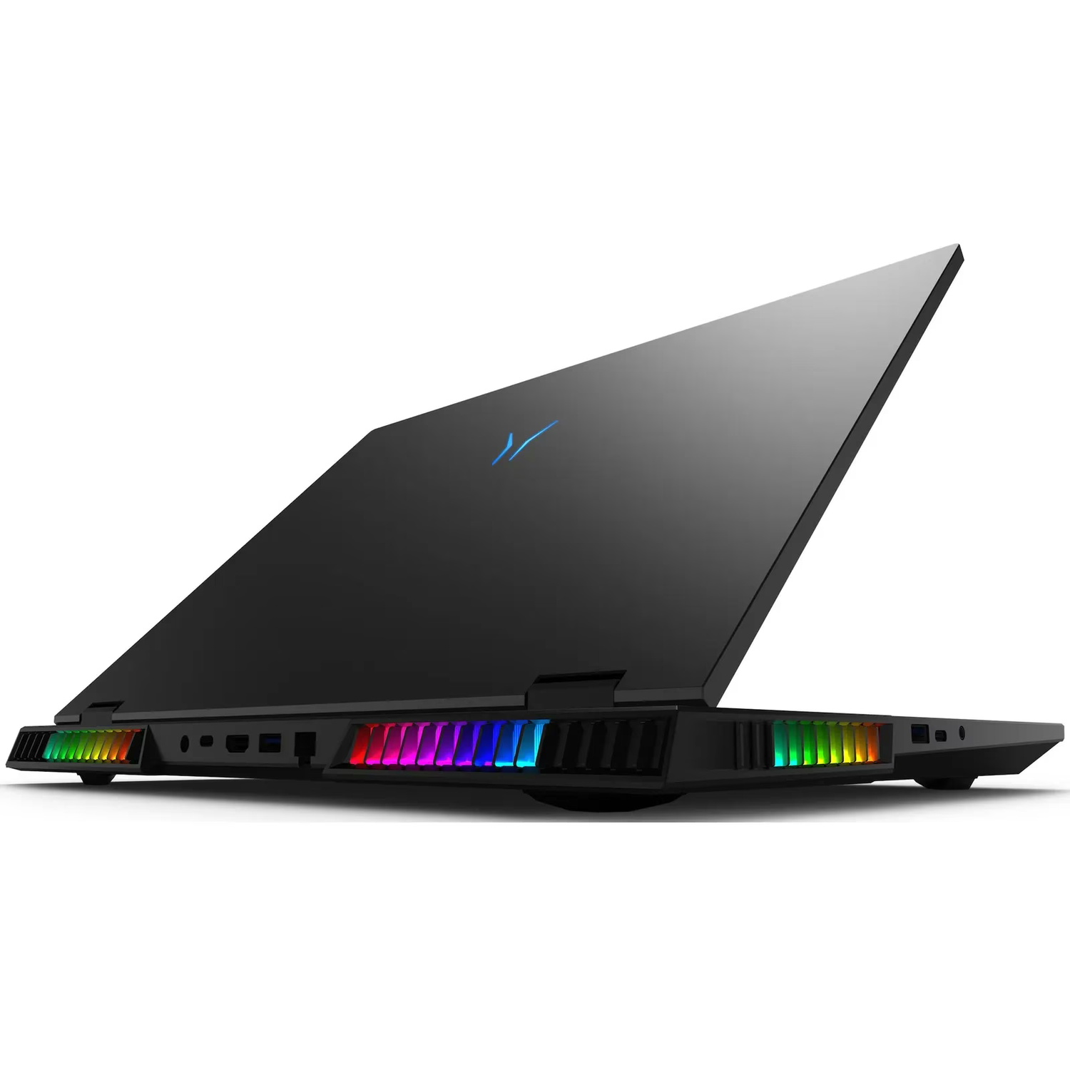 Black laptop opening up, showing colored lights on sides and a logo on the back.