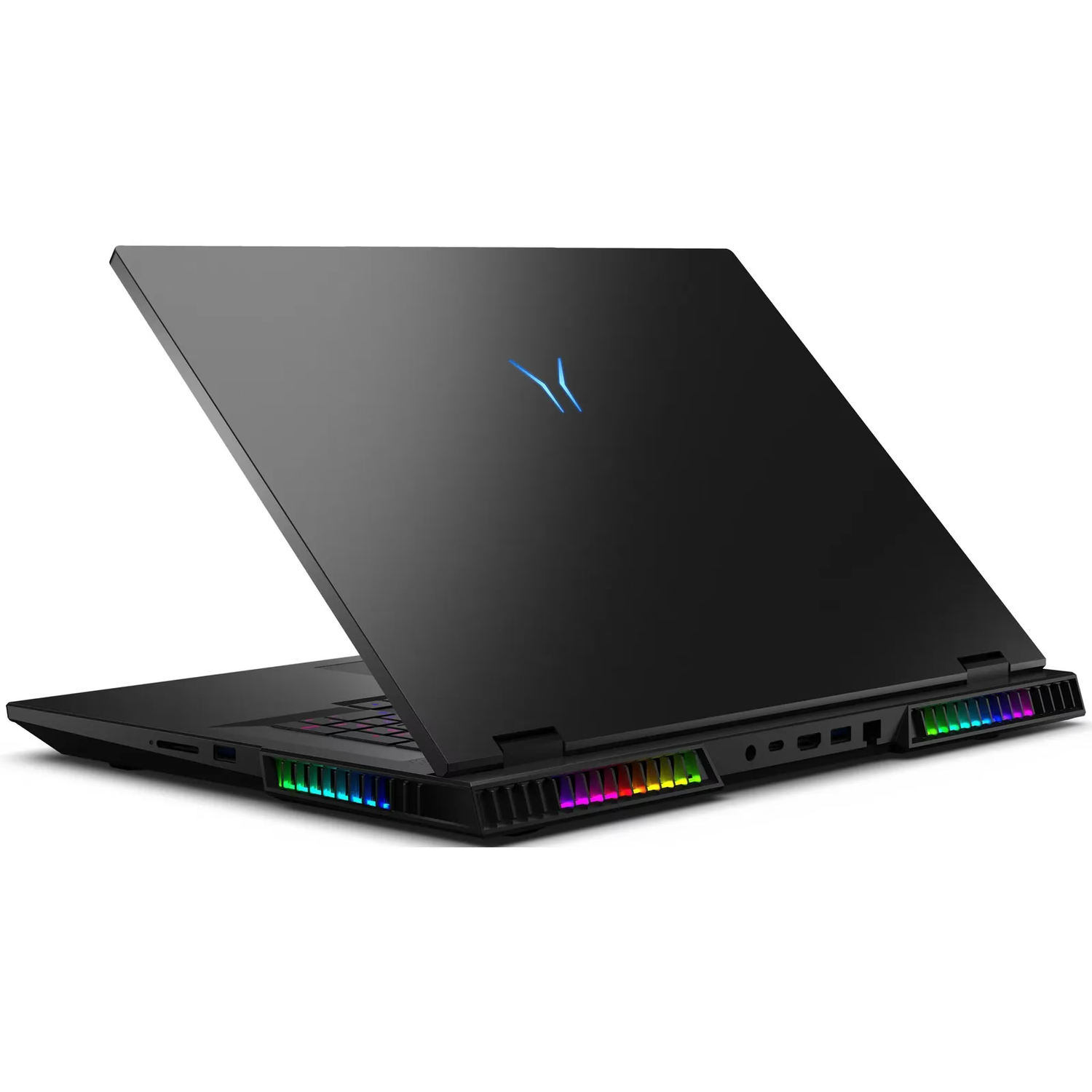 Black laptop opening up, showing colored lights on sides and a logo on the back.