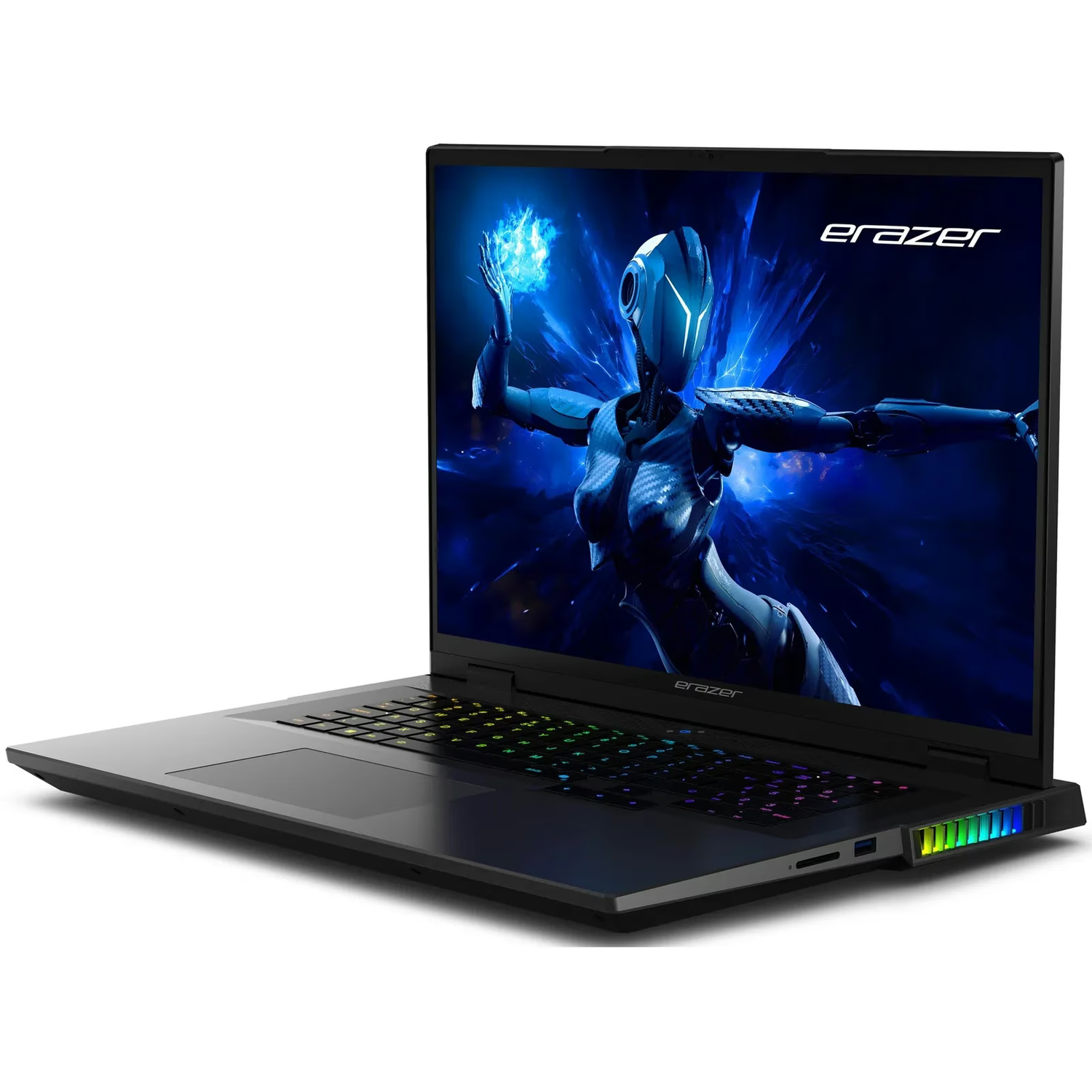 Black laptop with an image on the screen showing a figure with blue energy.