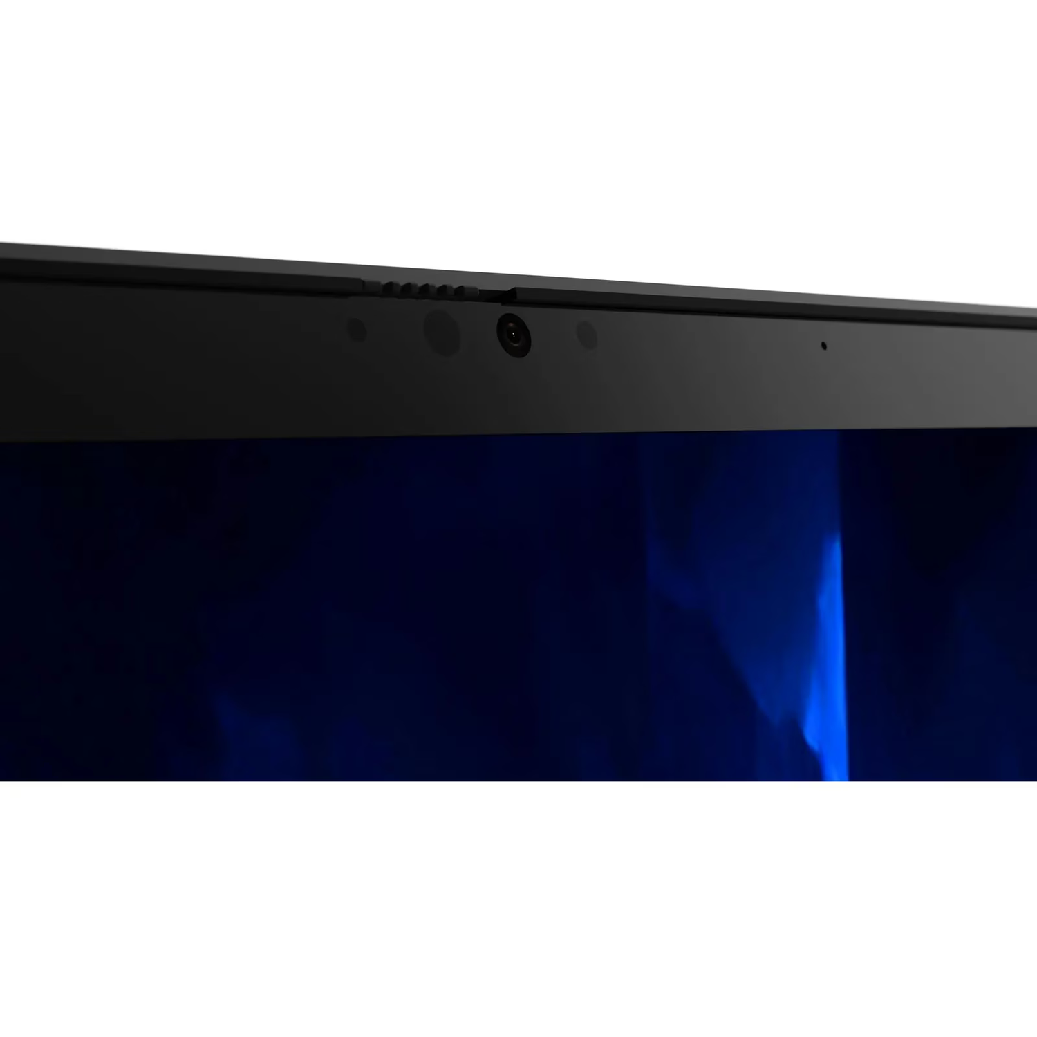 Close-up of the top edge of a black laptop with a camera and microphones.